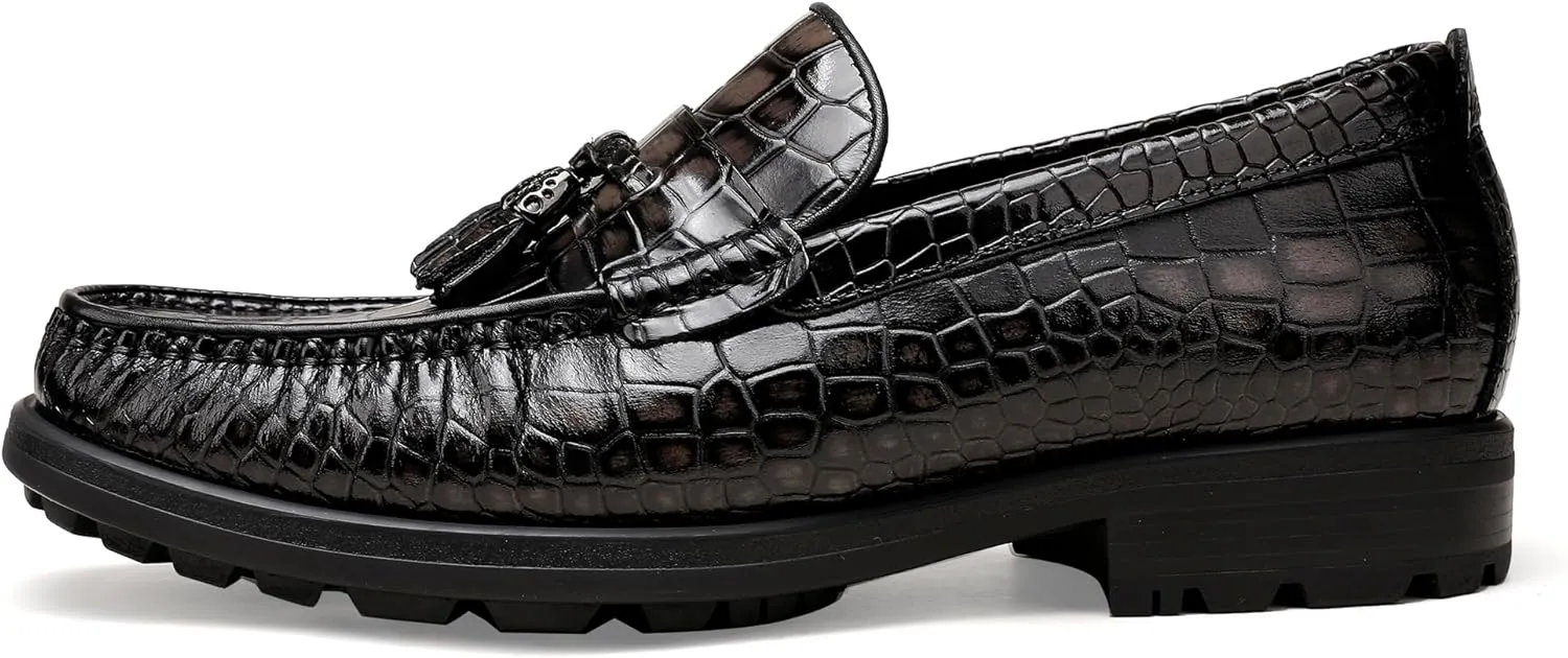 Men's Platform Tassel Loafer, Crocodile Printed Leather Dress Shoes for Mens Business Formal Wedding Porm Party Shoes Casual Slip-On Penny Loafers