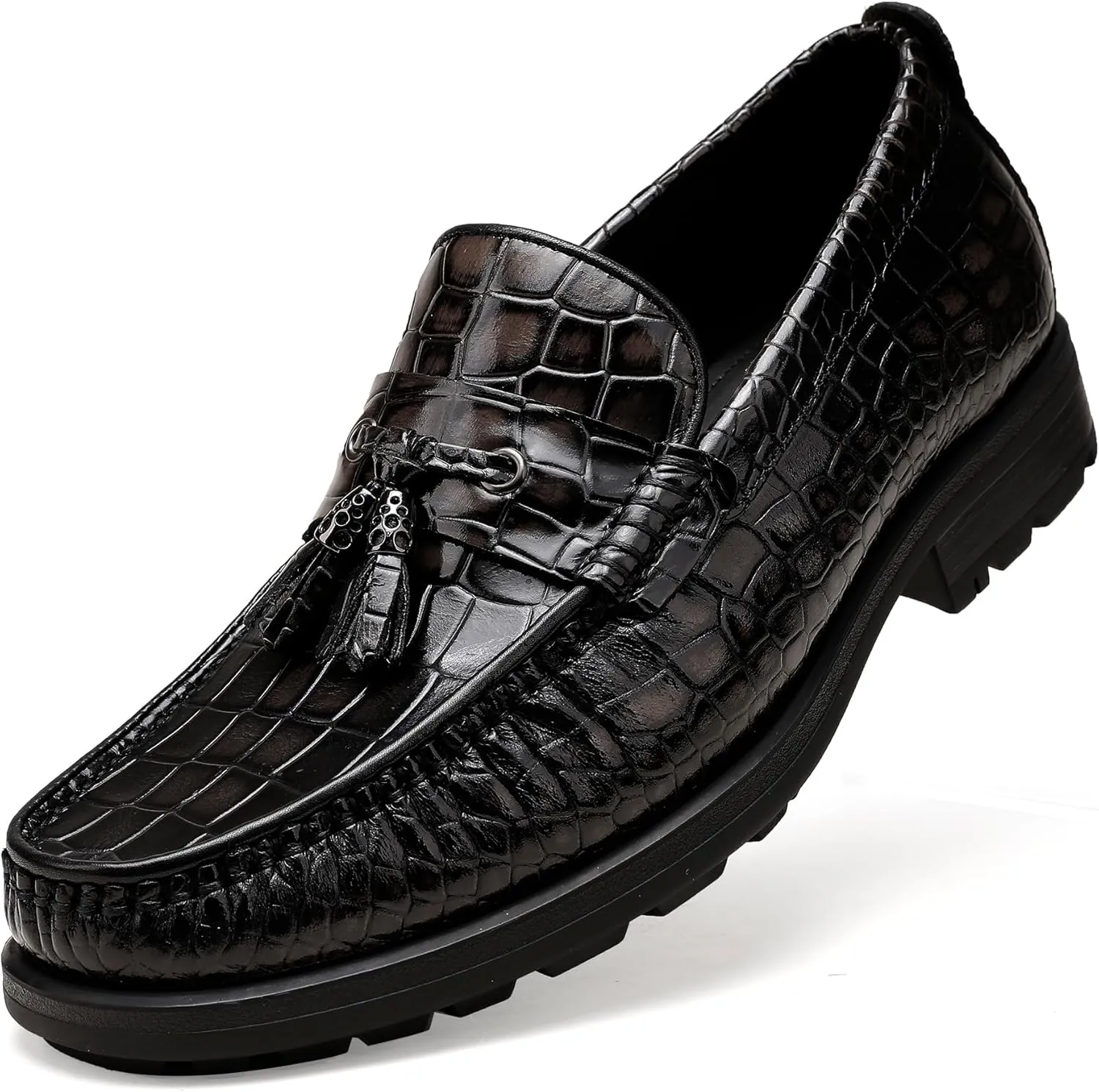 Men's Platform Tassel Loafer, Crocodile Printed Leather Dress Shoes for Mens Business Formal Wedding Porm Party Shoes Casual Slip-On Penny Loafers