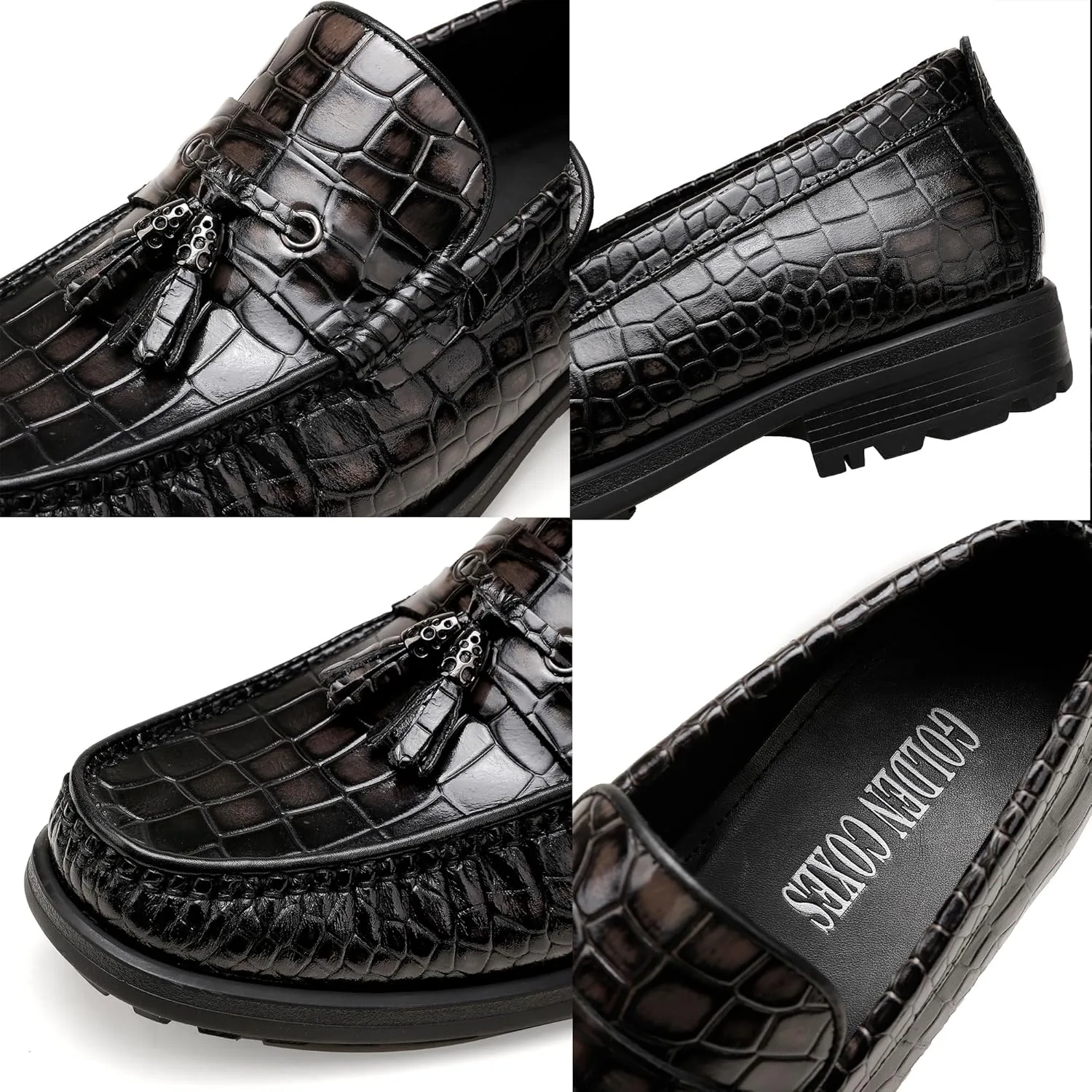 Men's Platform Tassel Loafer, Crocodile Printed Leather Dress Shoes for Mens Business Formal Wedding Porm Party Shoes Casual Slip-On Penny Loafers