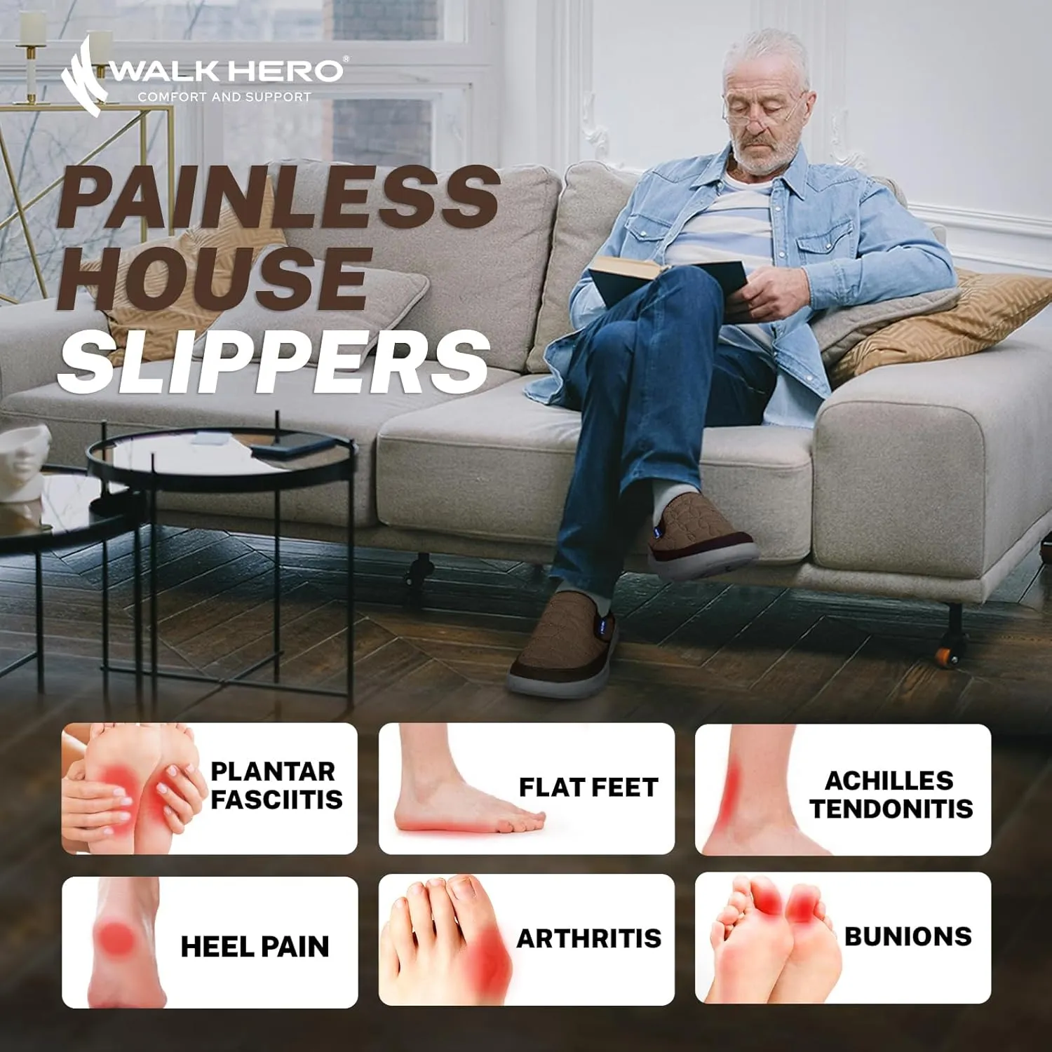 Mens Slippers for Plantar Fasciitis, Slip on Arch Support House Slippers for Men, Lightweight Indoor Outdoor Wide Toe Box Shoes for Men with Cushioned Outsole