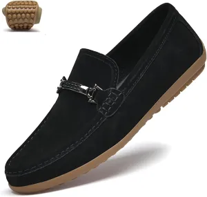 Men's Suede Metal Buckle Flat Penny Loafers Fashion Round Toe Slip-On Softsole Dress Moccasin Driving Shoes Comfort Office Work Boat Shoes