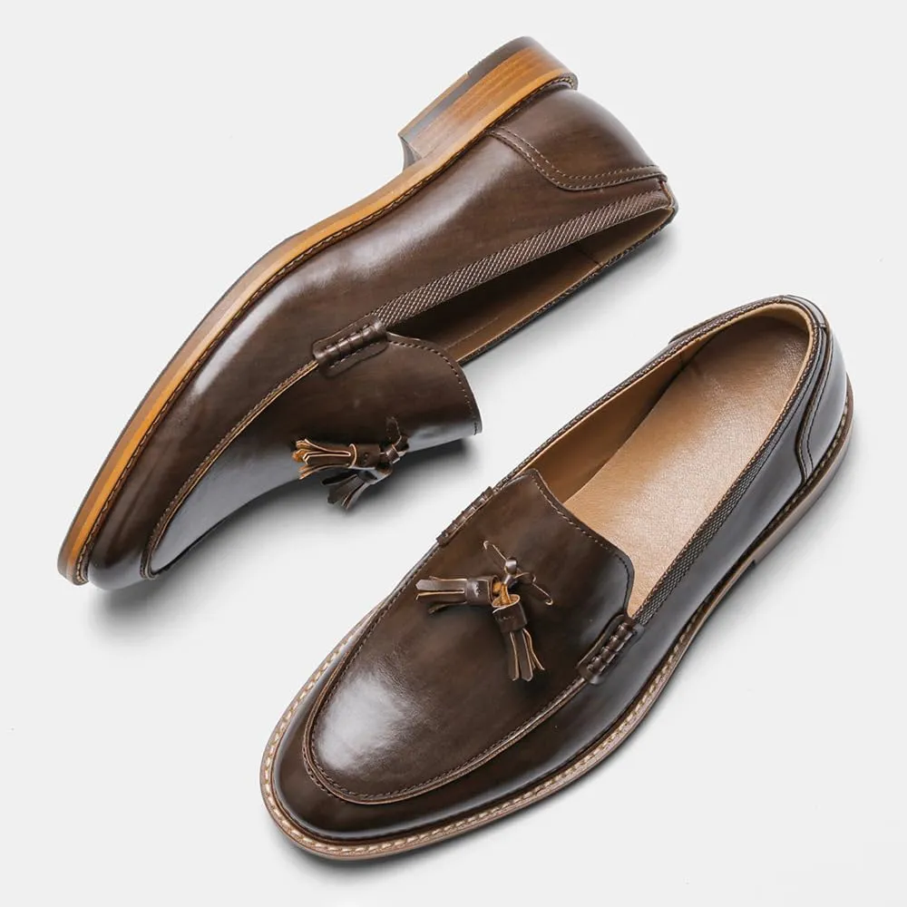 Mens Tassel Loafers Dress Shoes Slip-on Leather Moccasins Hand-Stitched Wooden Sole Penny Dress Loafers for Men