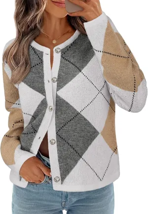 MEROKEETY Women's Long Sleeve Cardigan Sweaters 2024 Trendy Open Front Checkered Knit Button Up Jackets