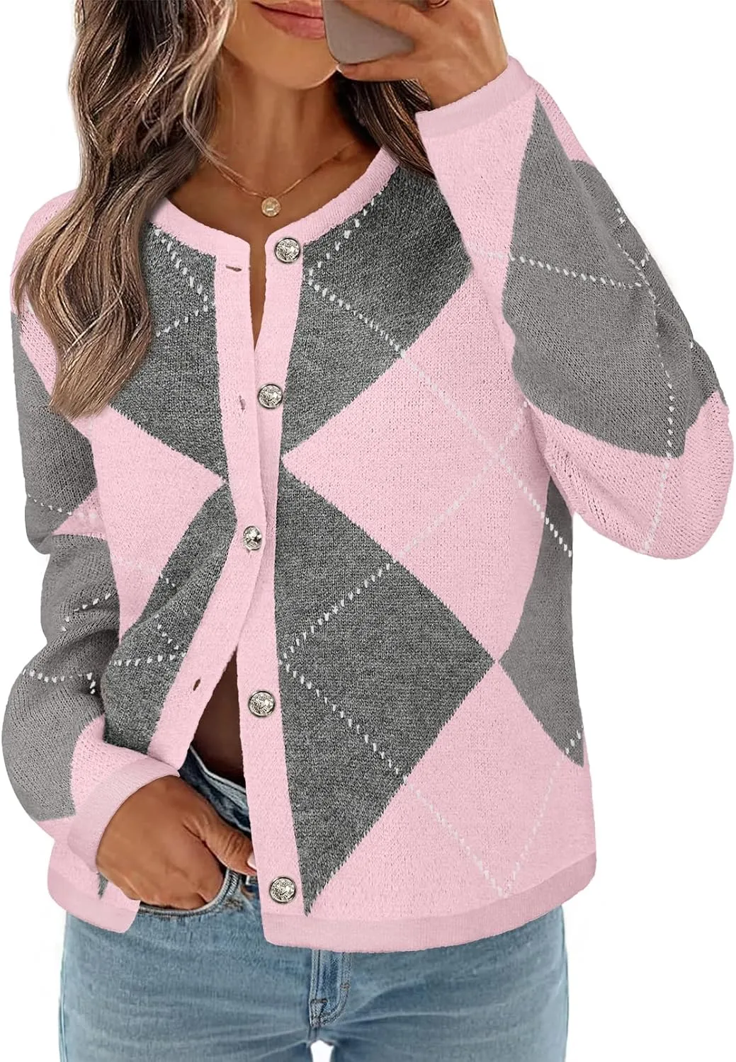 MEROKEETY Women's Long Sleeve Cardigan Sweaters 2024 Trendy Open Front Checkered Knit Button Up Jackets