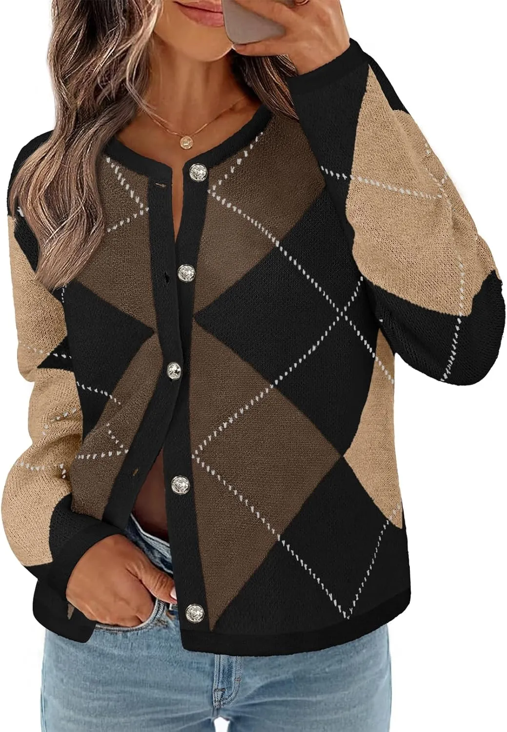 MEROKEETY Women's Long Sleeve Cardigan Sweaters 2024 Trendy Open Front Checkered Knit Button Up Jackets