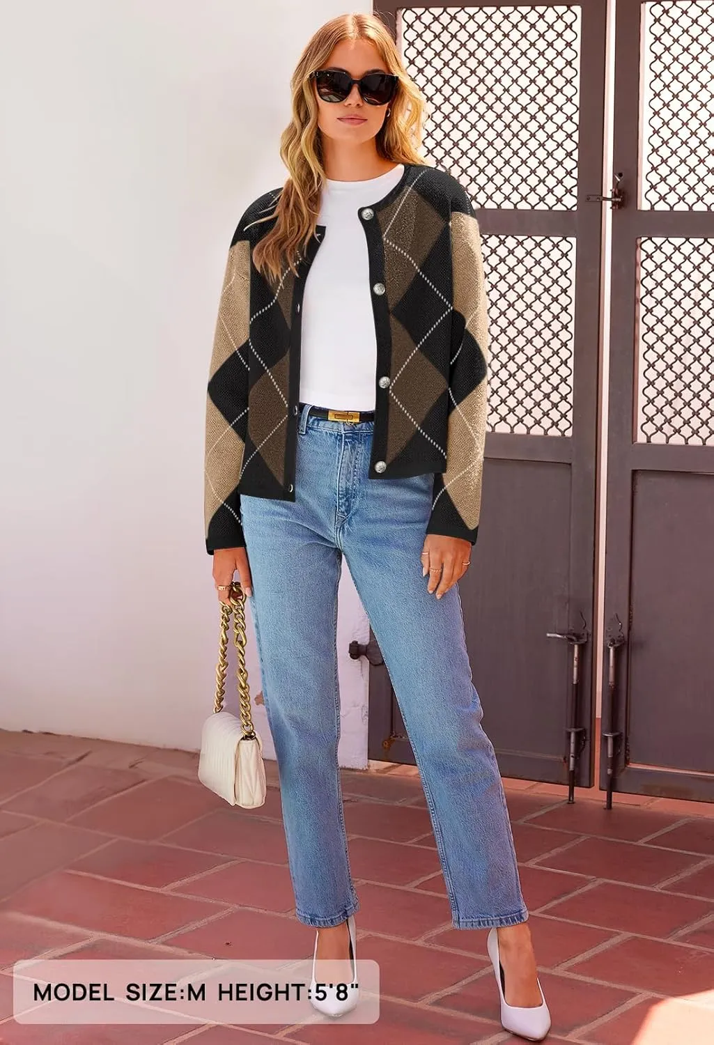 MEROKEETY Women's Long Sleeve Cardigan Sweaters 2024 Trendy Open Front Checkered Knit Button Up Jackets