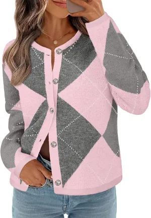 MEROKEETY Women's Long Sleeve Cardigan Sweaters 2024 Trendy Open Front Checkered Knit Button Up Jackets