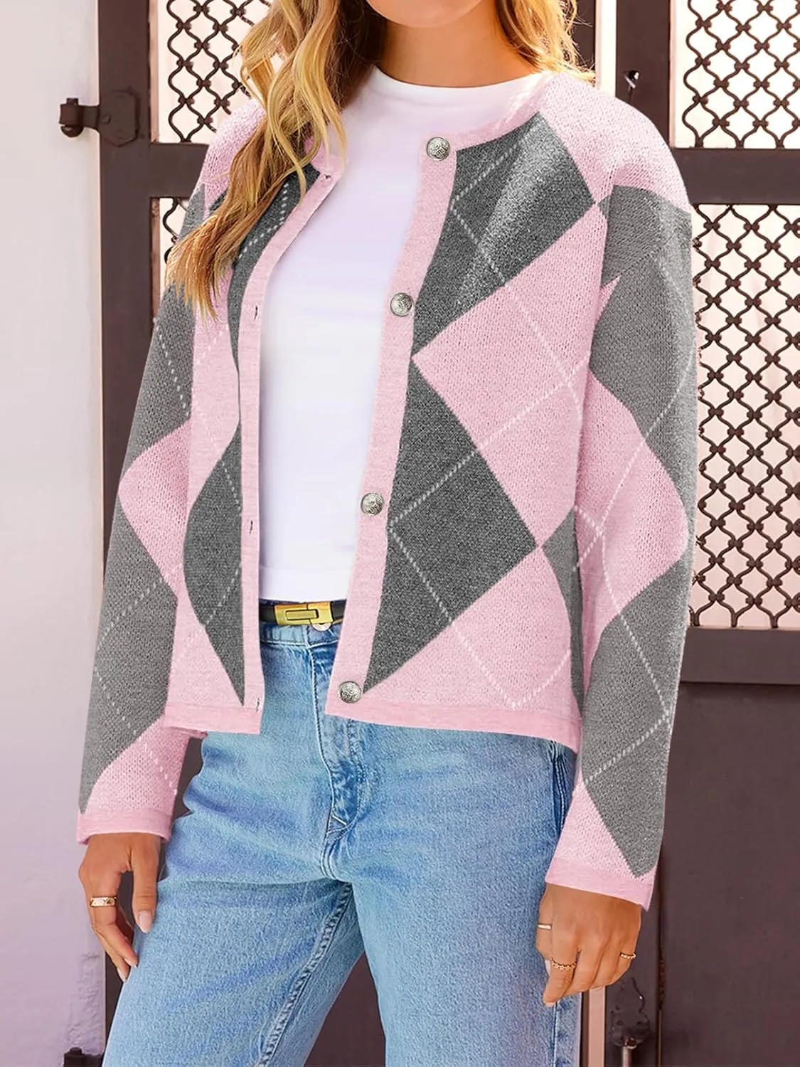 MEROKEETY Women's Long Sleeve Cardigan Sweaters 2024 Trendy Open Front Checkered Knit Button Up Jackets