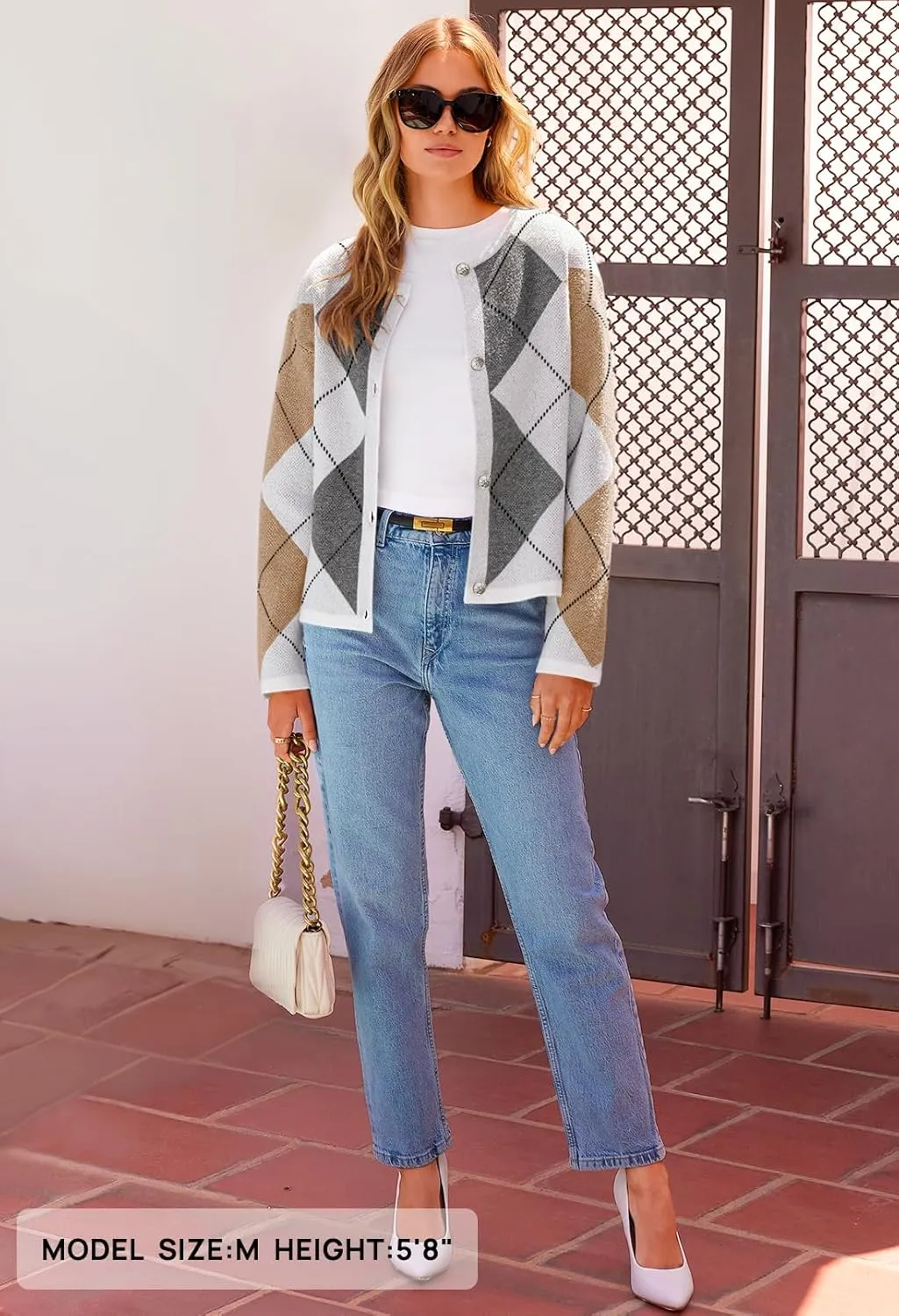 MEROKEETY Women's Long Sleeve Cardigan Sweaters 2024 Trendy Open Front Checkered Knit Button Up Jackets