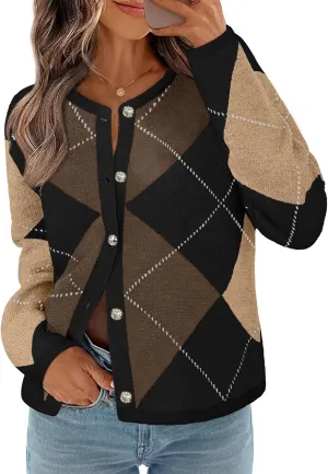 MEROKEETY Women's Long Sleeve Cardigan Sweaters 2024 Trendy Open Front Checkered Knit Button Up Jackets