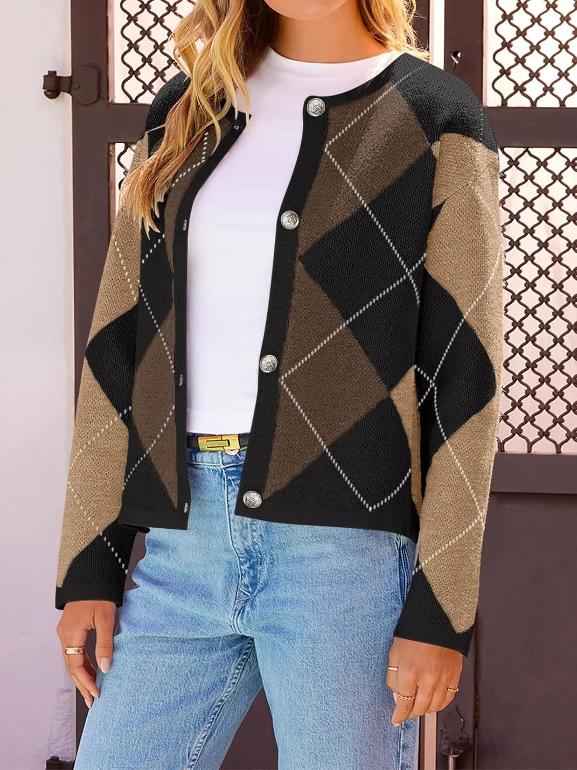 MEROKEETY Women's Long Sleeve Cardigan Sweaters 2024 Trendy Open Front Checkered Knit Button Up Jackets