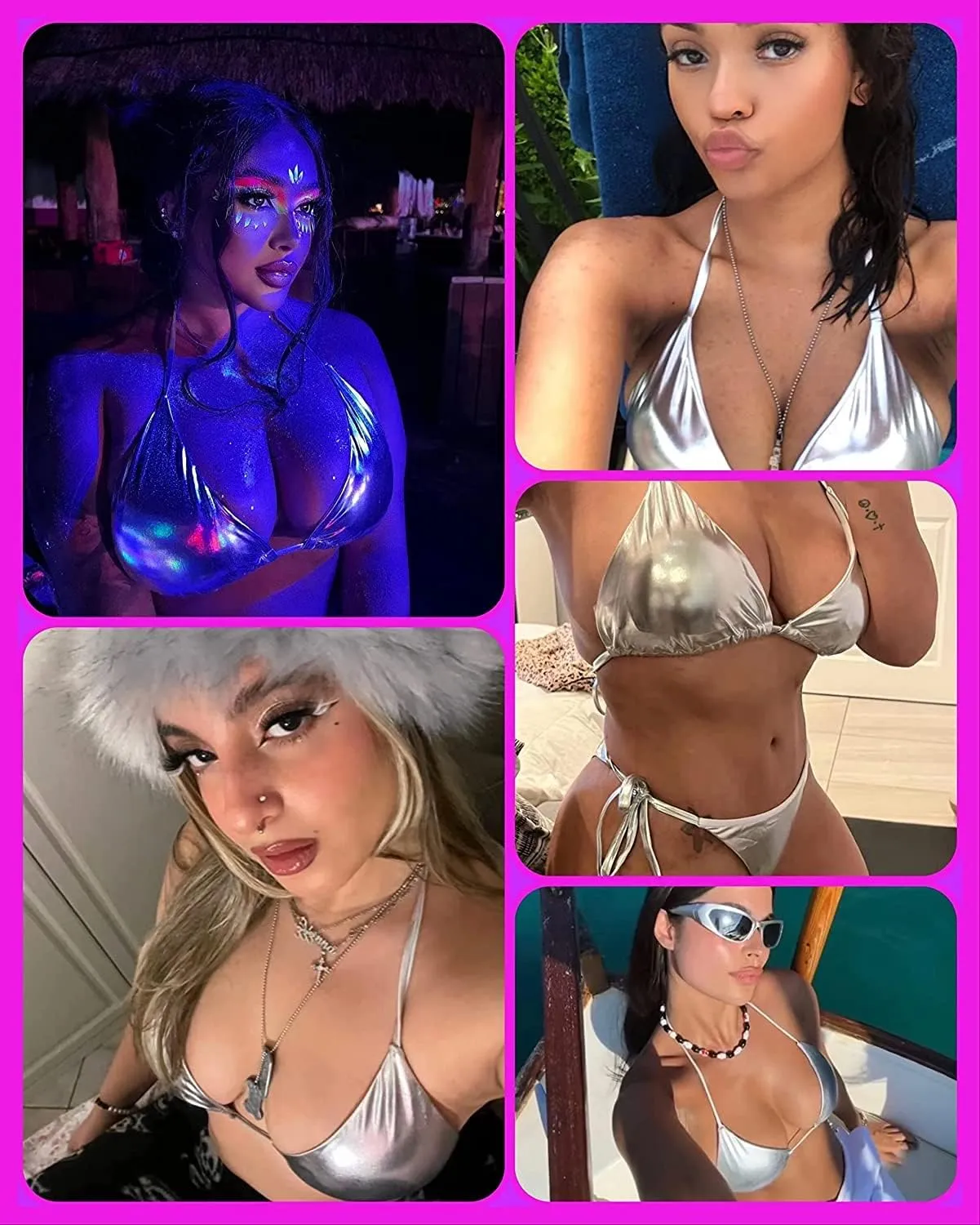 Metallic String Bikini for Women - Sexy Beach Glitter Swimsuits Bathing Suit Triangle Tops Side Tie Thong Bottom Set
