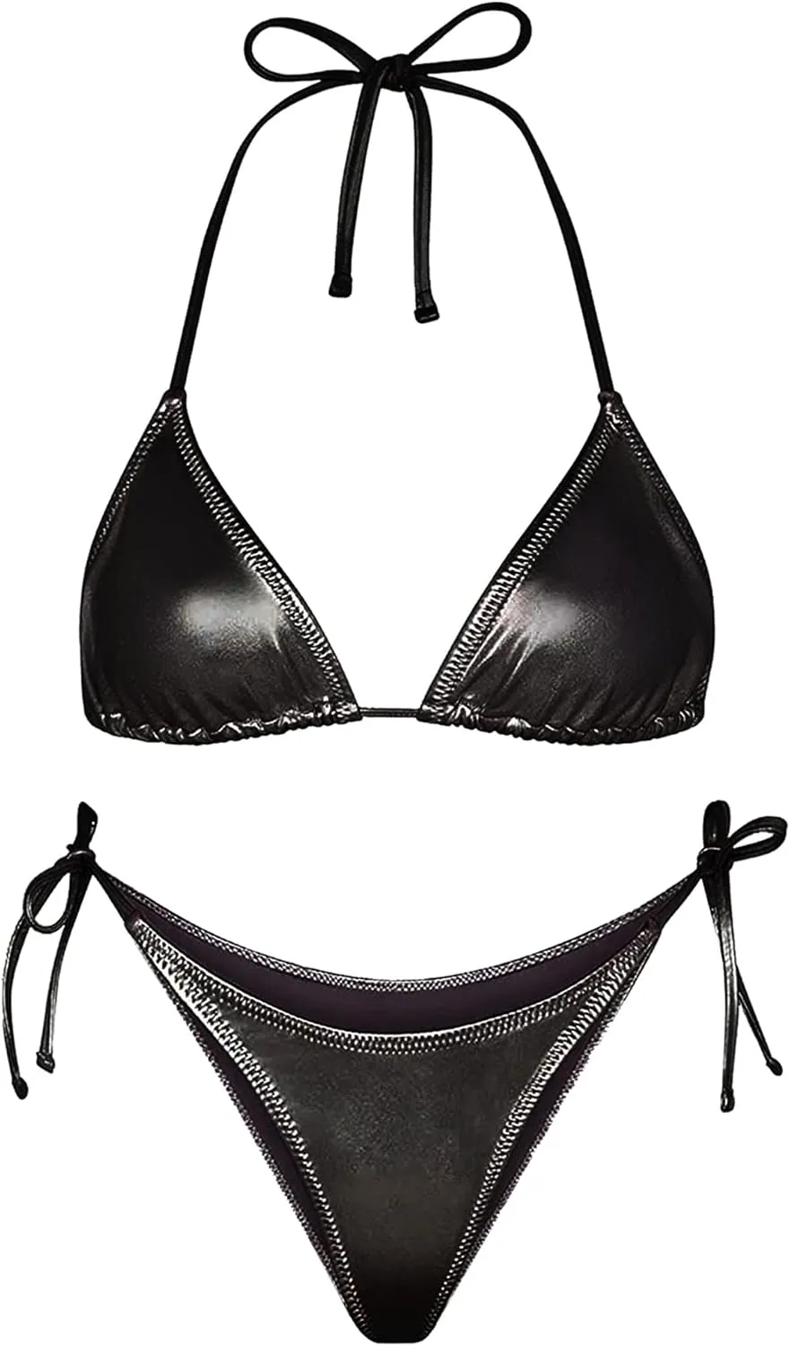 Metallic String Bikini for Women - Sexy Beach Glitter Swimsuits Bathing Suit Triangle Tops Side Tie Thong Bottom Set