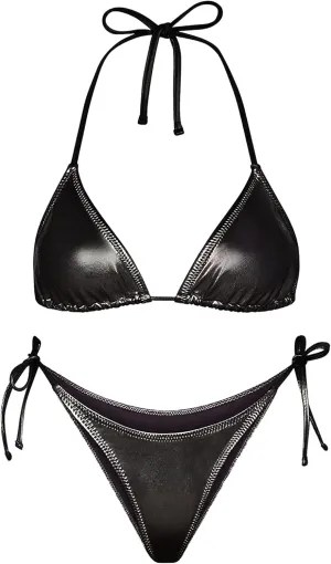 Metallic String Bikini for Women - Sexy Beach Glitter Swimsuits Bathing Suit Triangle Tops Side Tie Thong Bottom Set