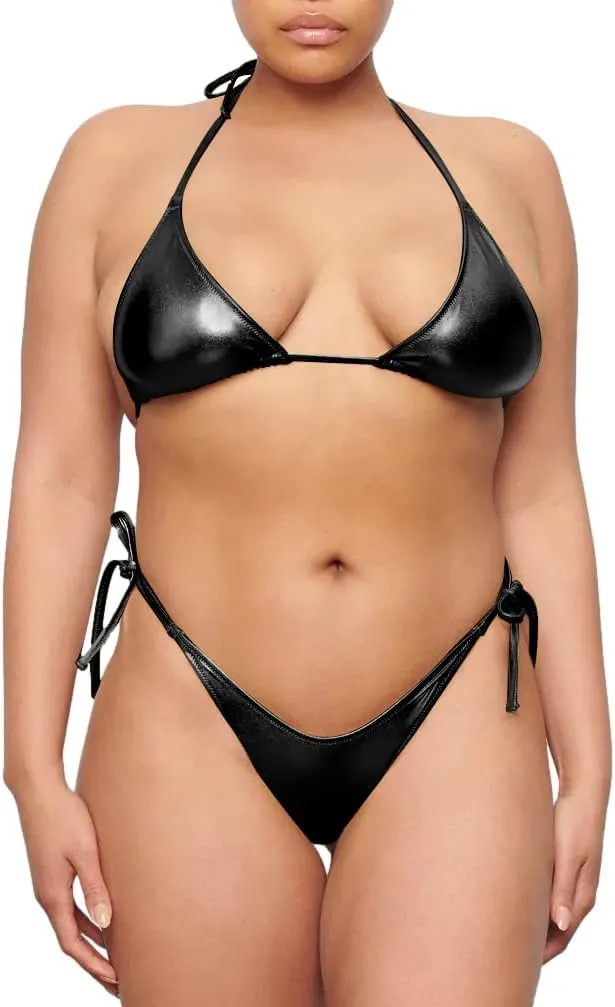 Metallic String Bikini for Women - Sexy Beach Glitter Swimsuits Bathing Suit Triangle Tops Side Tie Thong Bottom Set