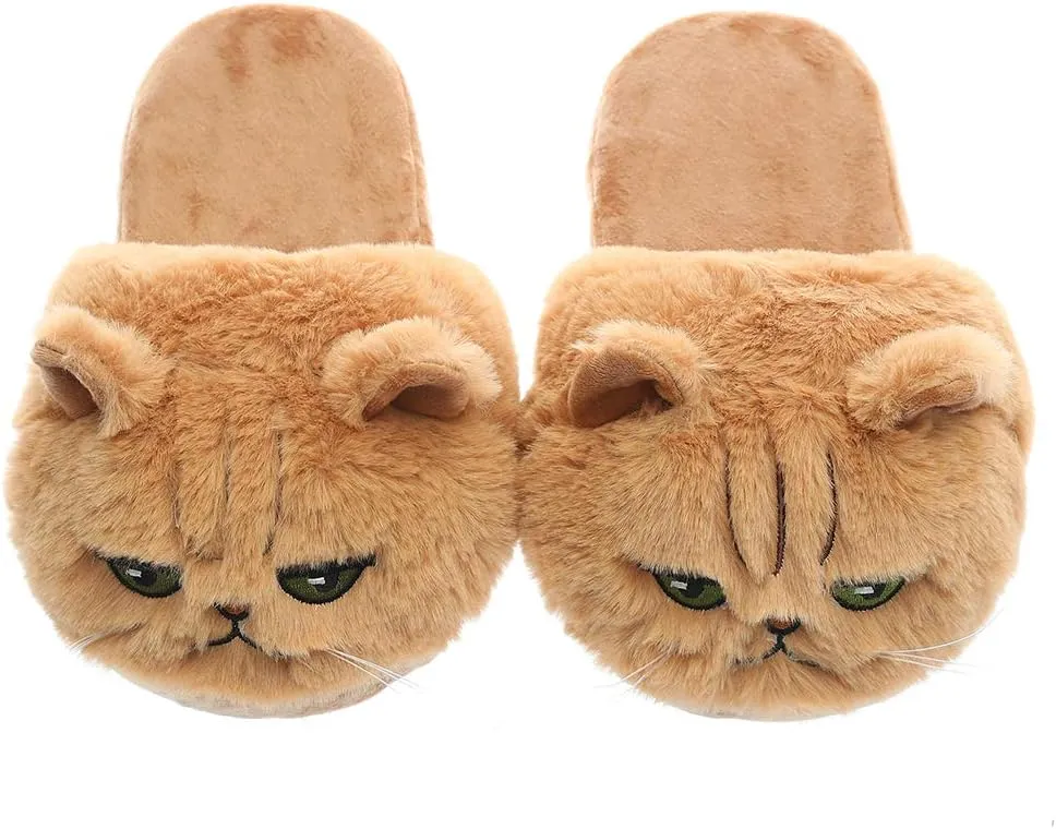 Millffy Unisex Kids Girls 3D Big Head Realistic Kitty Cat Womens Tabby cat Plush Fuzzy Slippers Ladies House Slippers
