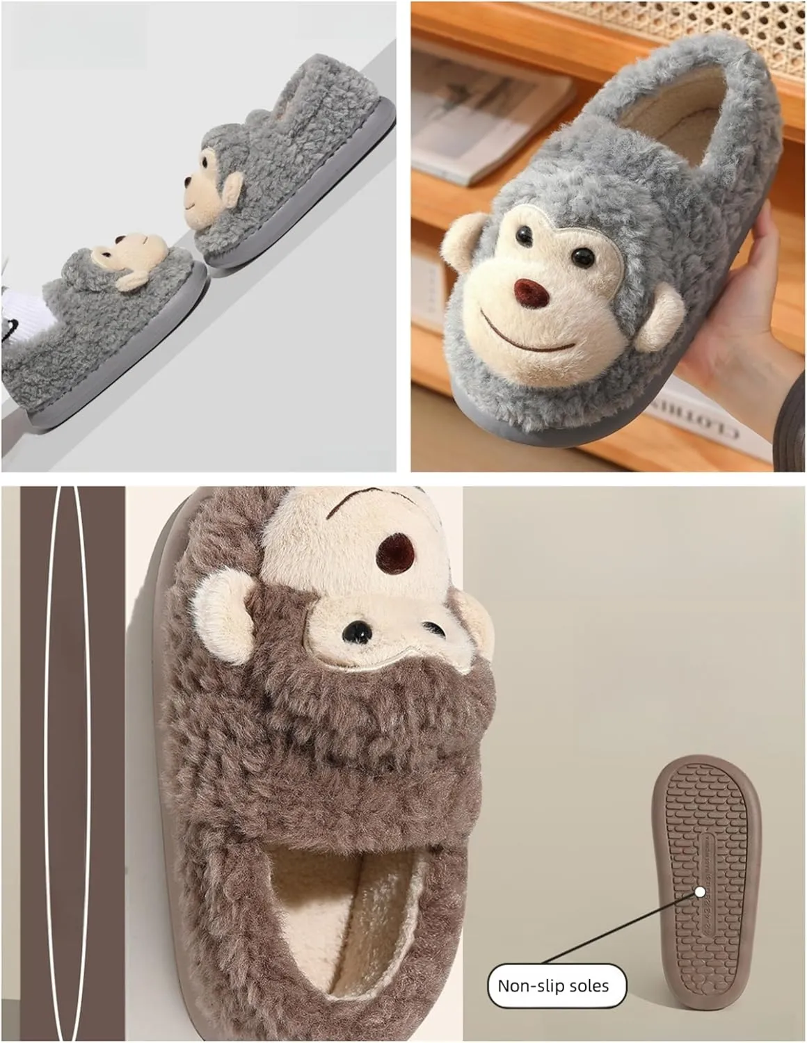 Monkey Animal Women's Cute Plush Home Warm Winter Indoor Slippers