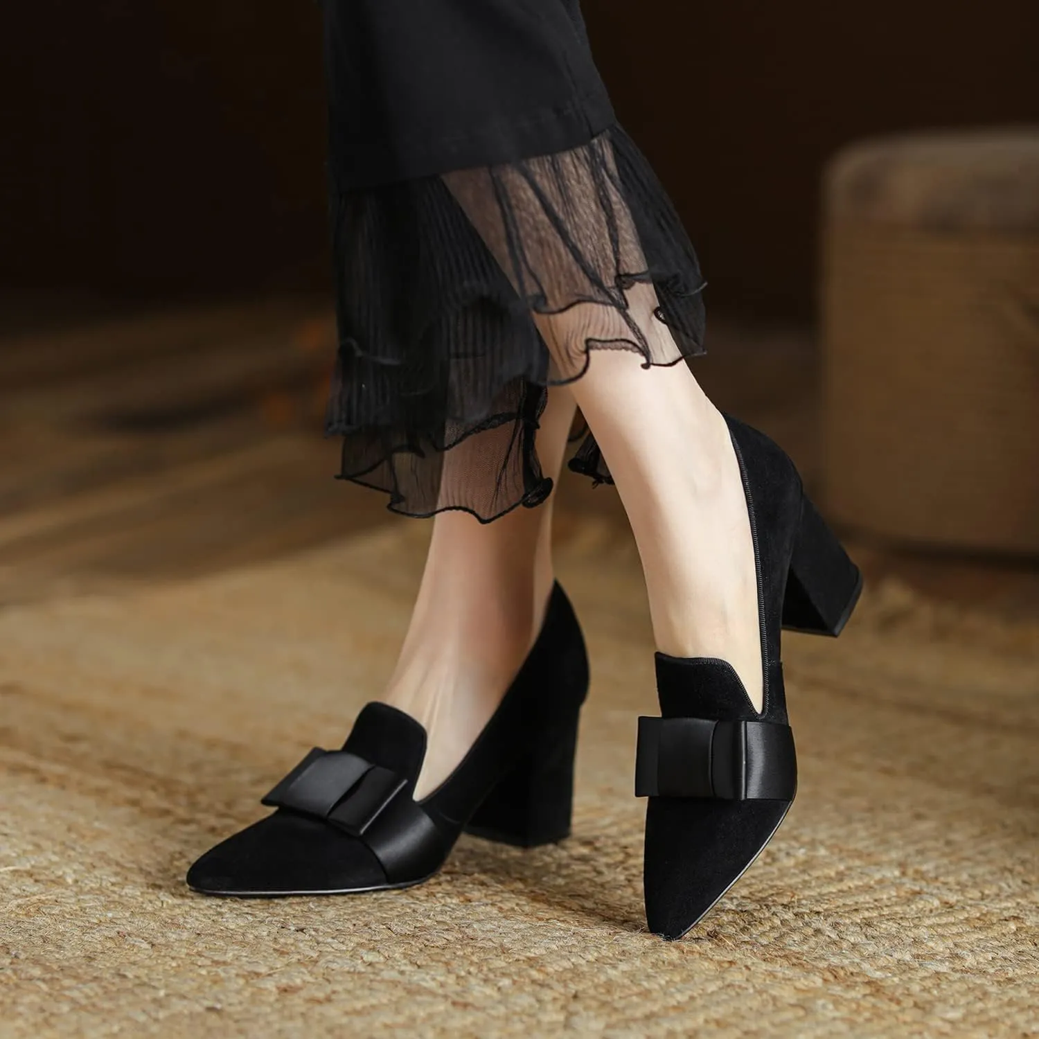 MOOMMO Women Chunky Block High Heel Pumps Bow-Knot Loafer Shoes Pointed Closed Toe Slip On Suede Loafers 3 Inch Heel Satin Bow Bridal Wedding Dance Shoes Comfort Office Work Business Casual 4-11 M US