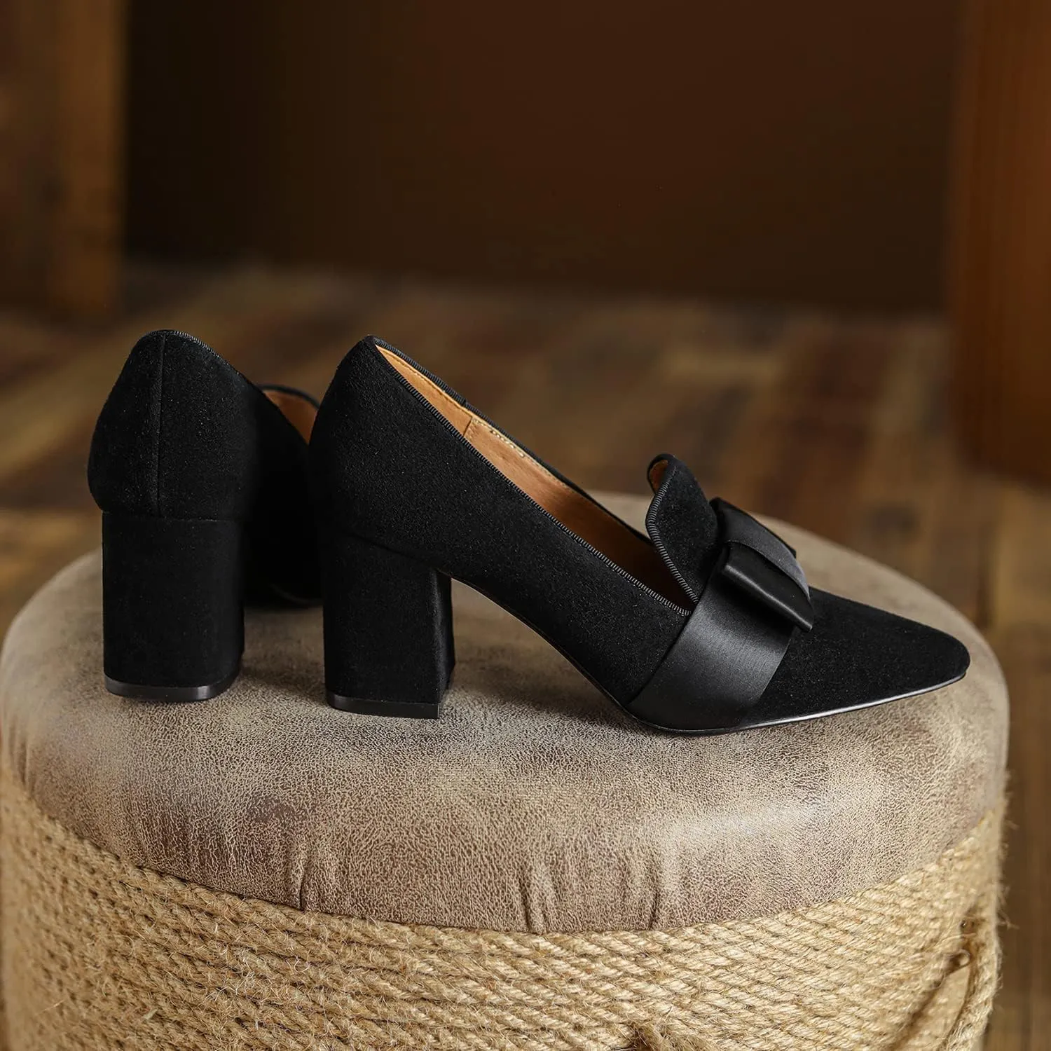 MOOMMO Women Chunky Block High Heel Pumps Bow-Knot Loafer Shoes Pointed Closed Toe Slip On Suede Loafers 3 Inch Heel Satin Bow Bridal Wedding Dance Shoes Comfort Office Work Business Casual 4-11 M US