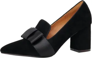 MOOMMO Women Chunky Block High Heel Pumps Bow-Knot Loafer Shoes Pointed Closed Toe Slip On Suede Loafers 3 Inch Heel Satin Bow Bridal Wedding Dance Shoes Comfort Office Work Business Casual 4-11 M US