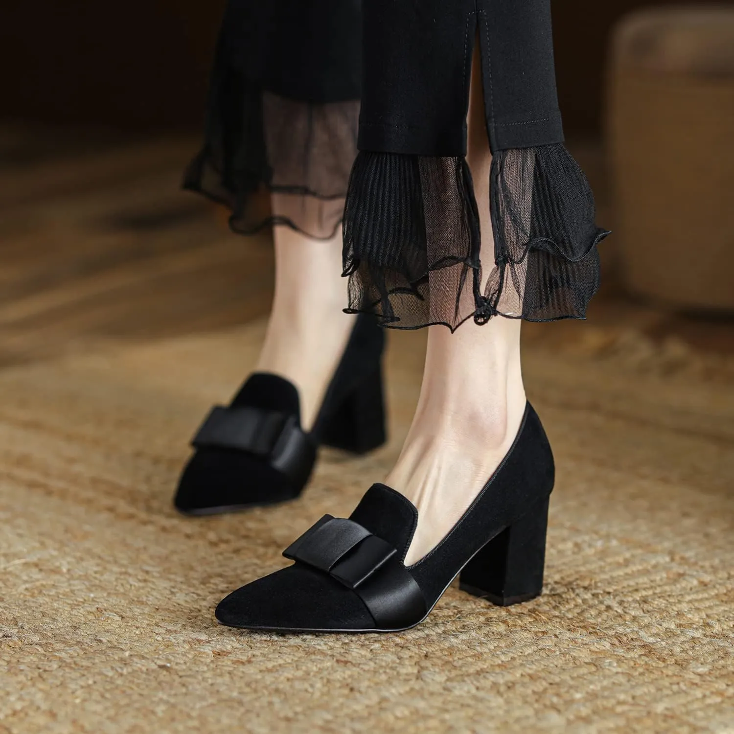 MOOMMO Women Chunky Block High Heel Pumps Bow-Knot Loafer Shoes Pointed Closed Toe Slip On Suede Loafers 3 Inch Heel Satin Bow Bridal Wedding Dance Shoes Comfort Office Work Business Casual 4-11 M US