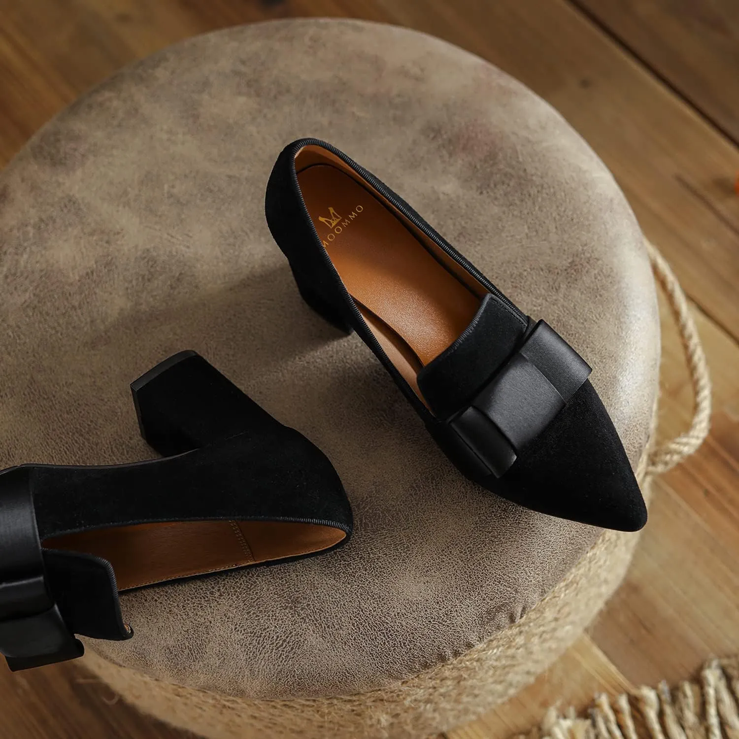 MOOMMO Women Chunky Block High Heel Pumps Bow-Knot Loafer Shoes Pointed Closed Toe Slip On Suede Loafers 3 Inch Heel Satin Bow Bridal Wedding Dance Shoes Comfort Office Work Business Casual 4-11 M US