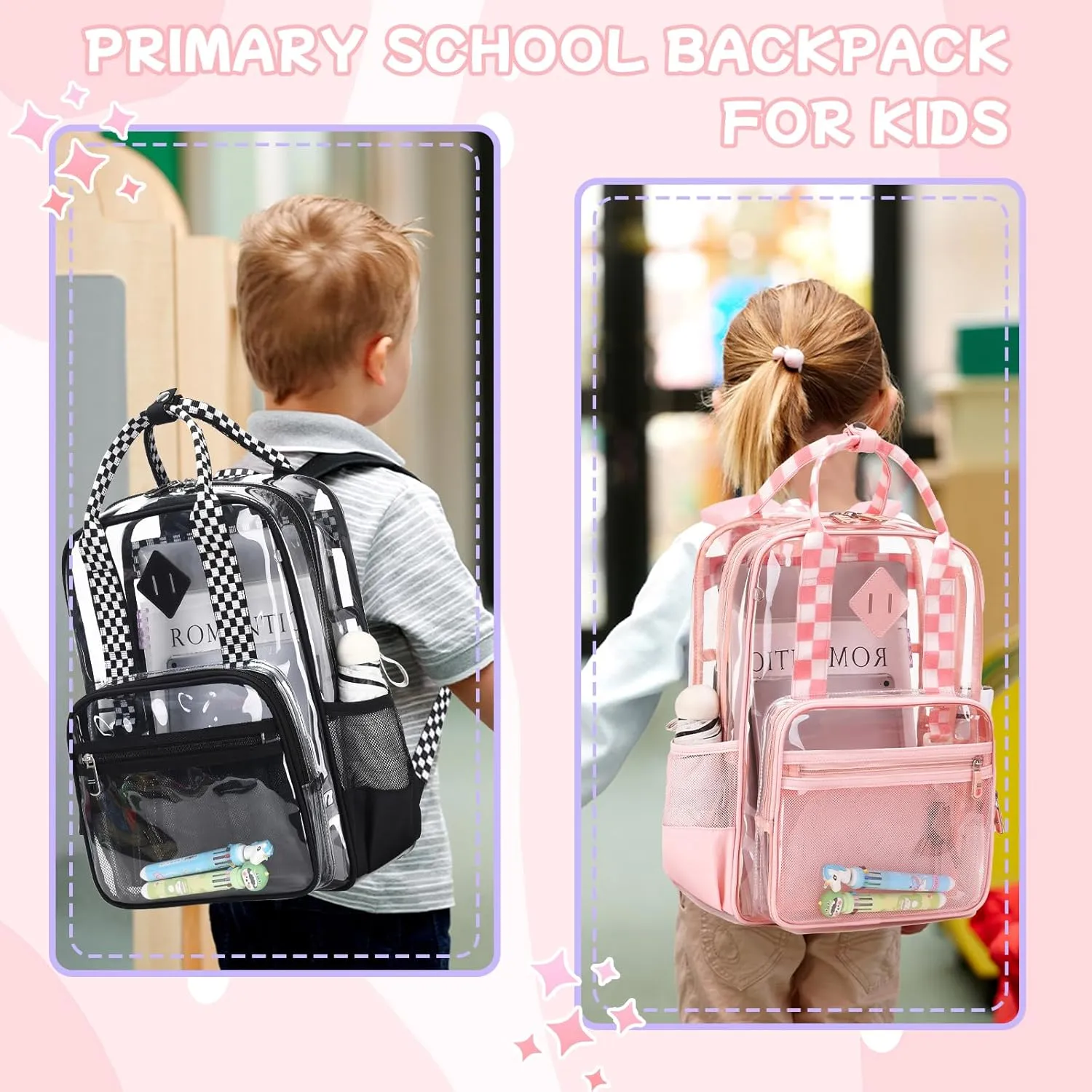 MOONBABY Clear Backpack Stadium Approved Girls Clear Bookbag Heavy Duty PVC Transparent See Through Backpack for Women Work, Pink Checkered