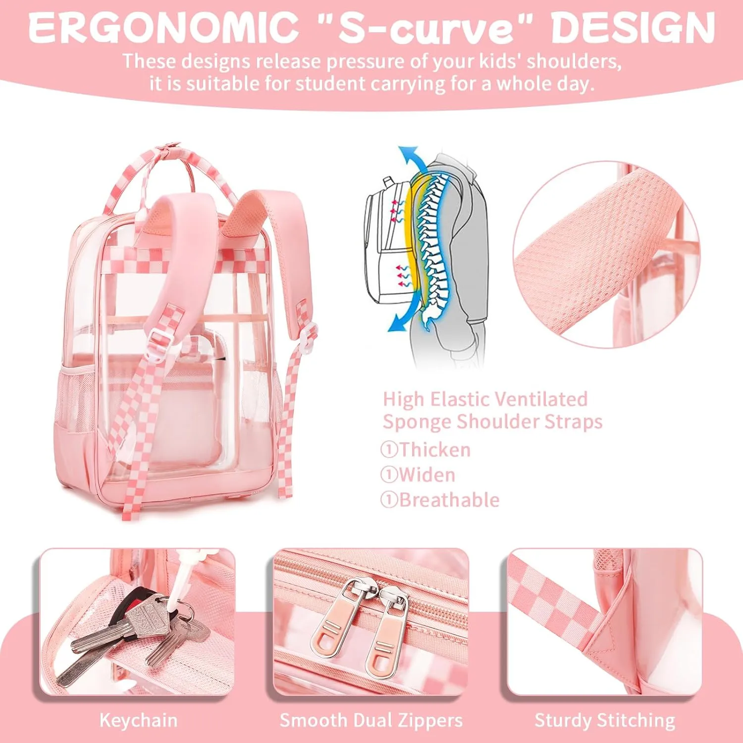 MOONBABY Clear Backpack Stadium Approved Girls Clear Bookbag Heavy Duty PVC Transparent See Through Backpack for Women Work, Pink Checkered