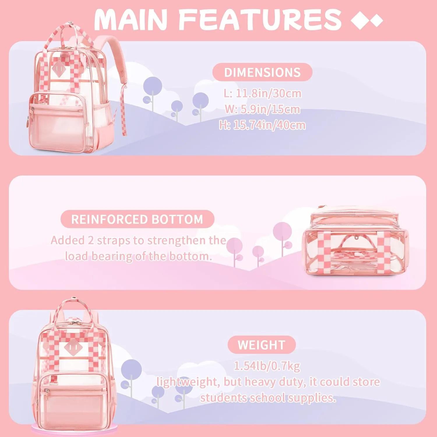 MOONBABY Clear Backpack Stadium Approved Girls Clear Bookbag Heavy Duty PVC Transparent See Through Backpack for Women Work, Pink Checkered