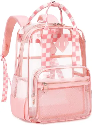 MOONBABY Clear Backpack Stadium Approved Girls Clear Bookbag Heavy Duty PVC Transparent See Through Backpack for Women Work, Pink Checkered