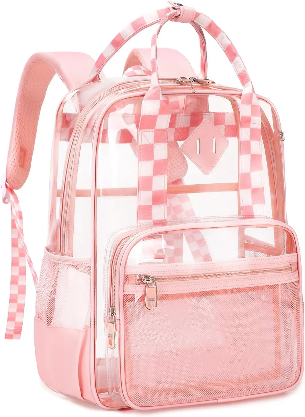 MOONBABY Clear Backpack Stadium Approved Girls Clear Bookbag Heavy Duty PVC Transparent See Through Backpack for Women Work, Pink Checkered