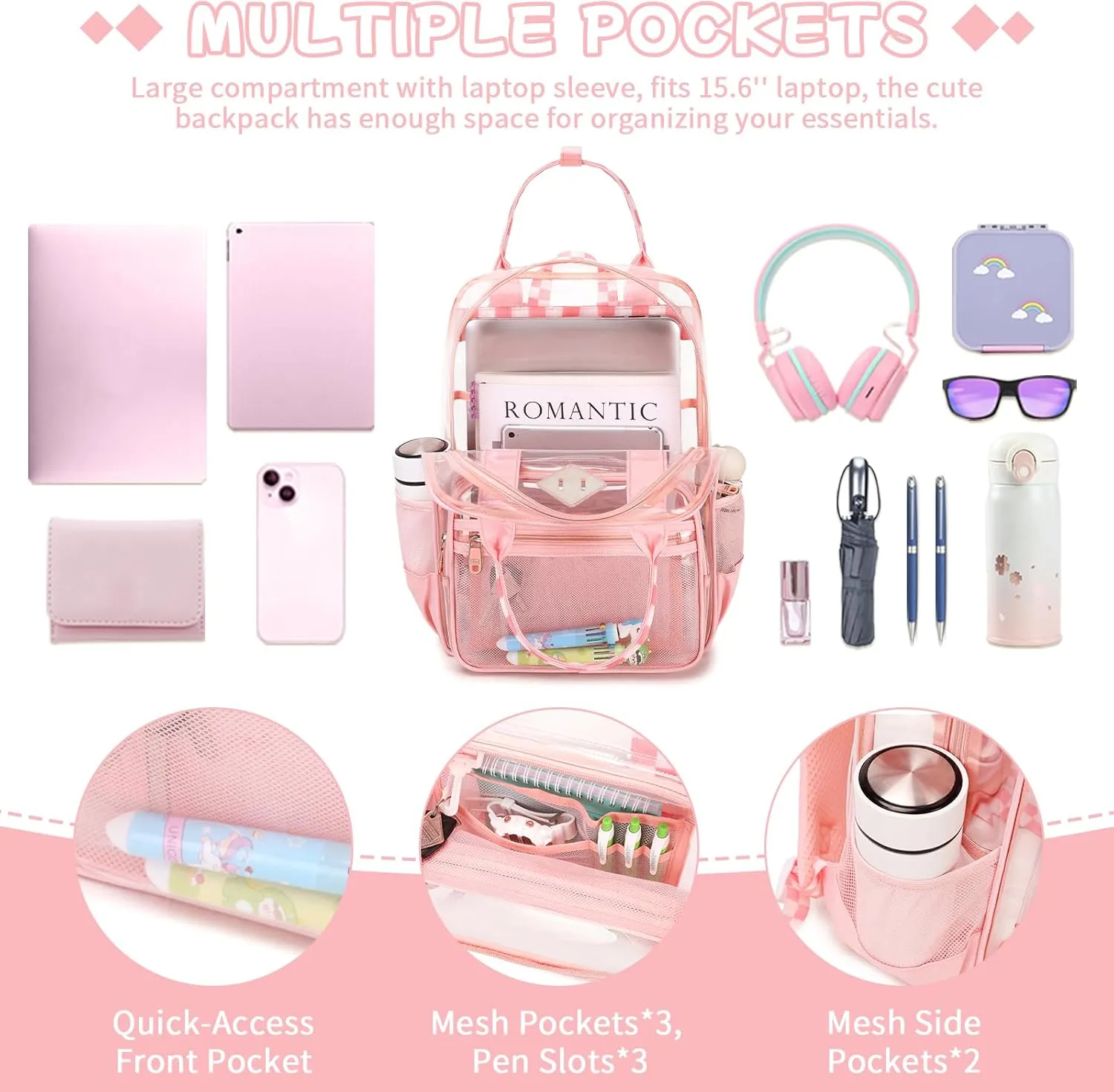 MOONBABY Clear Backpack Stadium Approved Girls Clear Bookbag Heavy Duty PVC Transparent See Through Backpack for Women Work, Pink Checkered