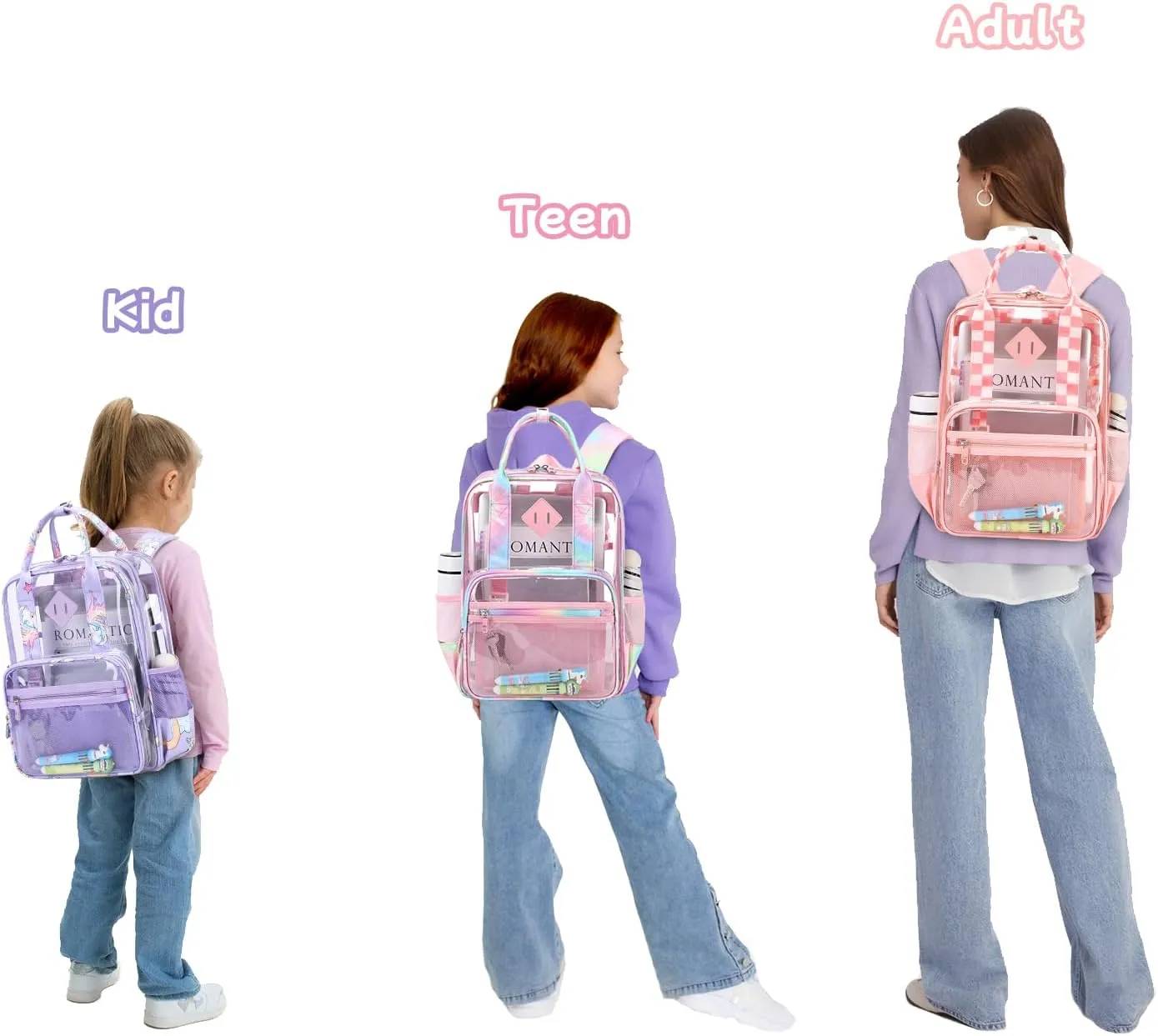 MOONBABY Clear Backpack Stadium Approved Girls Clear Bookbag Heavy Duty PVC Transparent See Through Backpack for Women Work, Pink Checkered