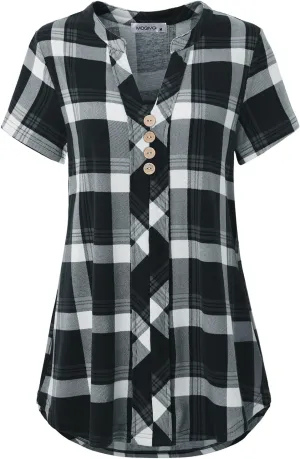MOQIVGI Womens Notch Neck Short Sleeve Plaid Shirts Checkered Blouse Tops