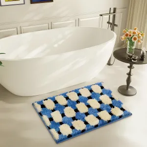Navy Blue Checkered Bath Mat，Cute Small Bathroom Rugs, Fluffy Absorbent Non-Slip Washable Bath Rug for Bedroom Kitchen Door Mat Decor 20’’X31’’