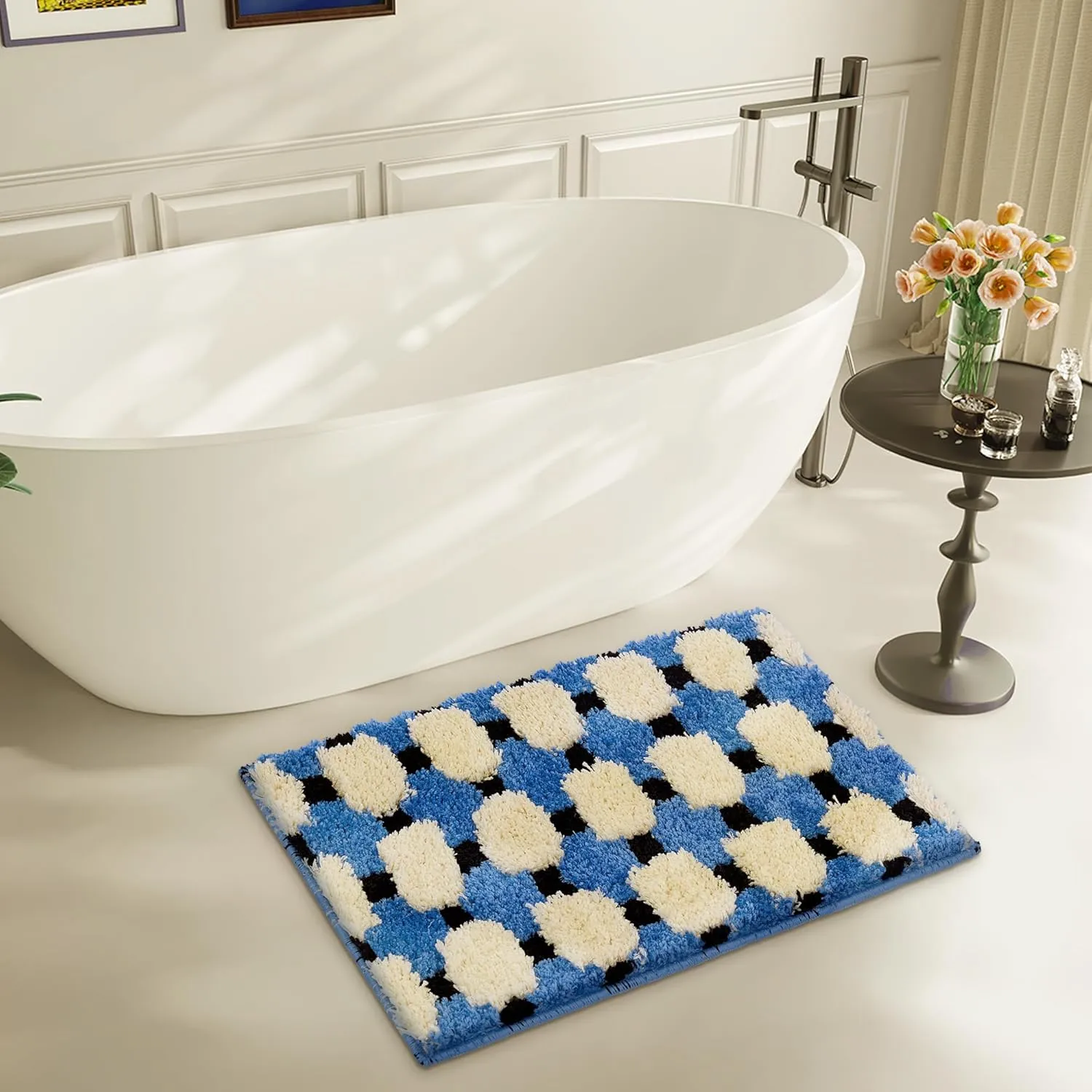 Navy Blue Checkered Bath Mat，Cute Small Bathroom Rugs, Fluffy Absorbent Non-Slip Washable Bath Rug for Bedroom Kitchen Door Mat Decor 20’’X31’’