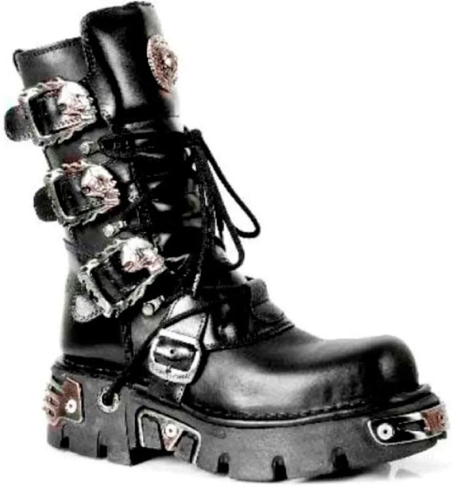 New Rock Newrock 391 S1 Black Metallic Reactor Goth Biker Unisex Black Boots