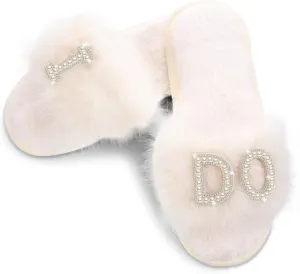 Newcotte Bride Slippers Women's I Do Slippers for Wedding Day White Feather Fluffy Shoes for Bride Party Bridal Shower