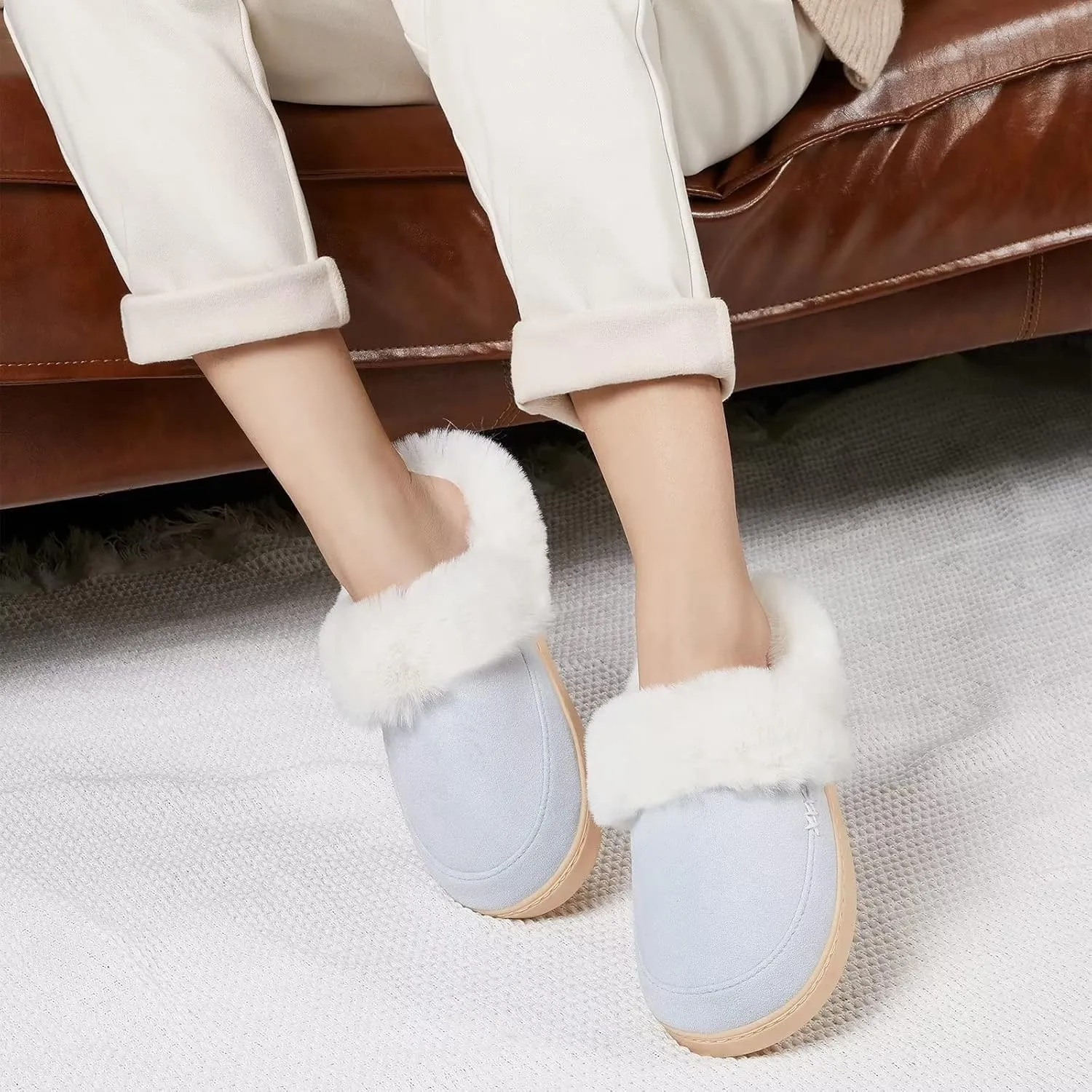 NineCiFun Women's and Men's Suede House Slippers Slip on Fuzzy Slippers with Faux Fur Lining Indoor Outdoor Home Shoes with Rubber Sole