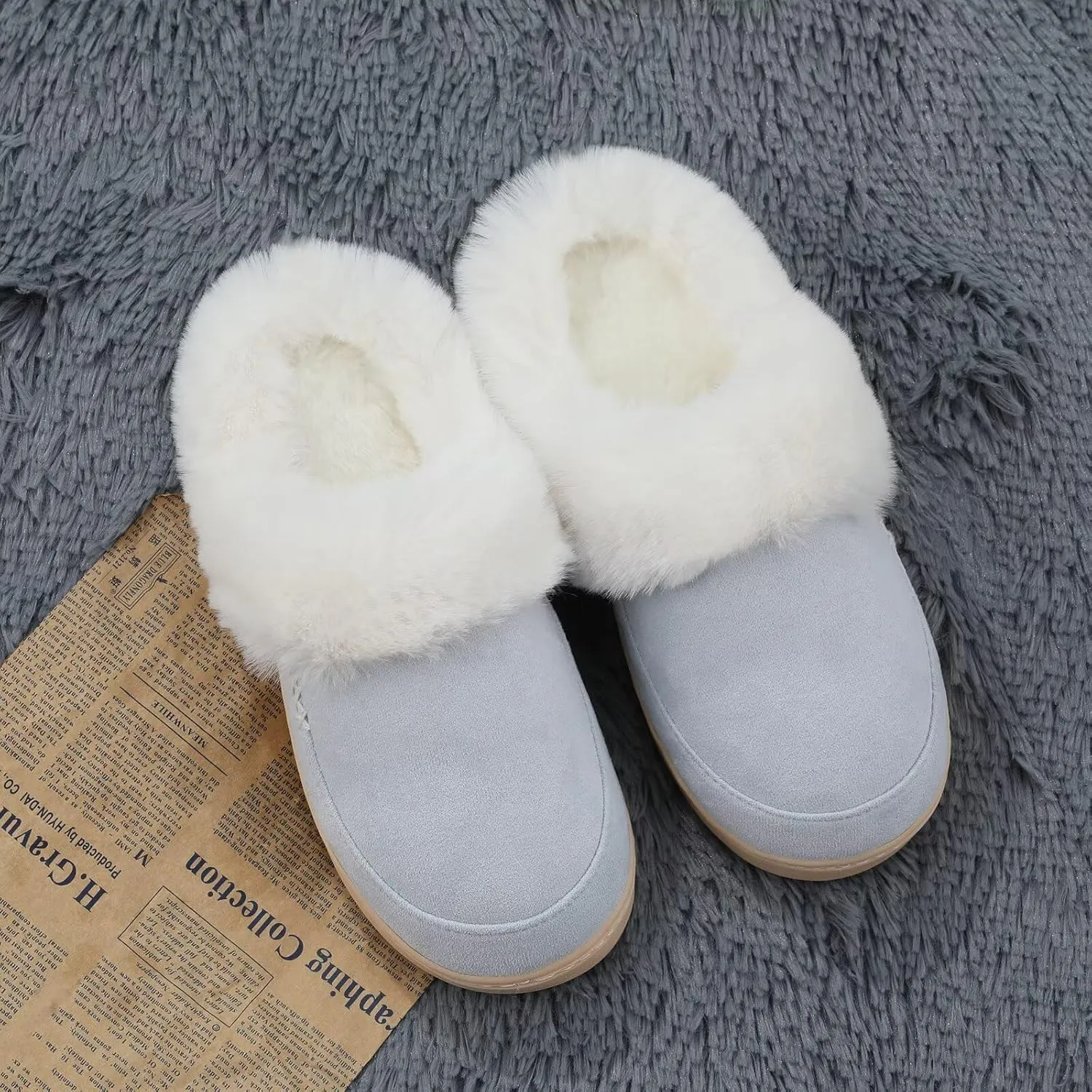 NineCiFun Women's and Men's Suede House Slippers Slip on Fuzzy Slippers with Faux Fur Lining Indoor Outdoor Home Shoes with Rubber Sole