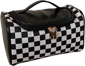 NovEny Stylish Checkered Commuter Cosmetic Bag - XL Capacity, Chessboard Design Makeup Bag with Maillard Accents, Fashionable and Functional (Black)