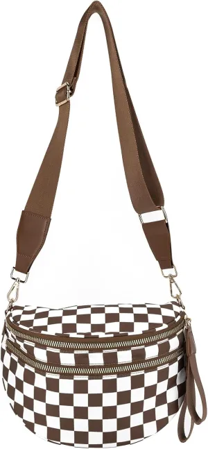 Nylon Crossbody Bag for Women, Large Checkered Purse, Black Handbag for Shopping Travel