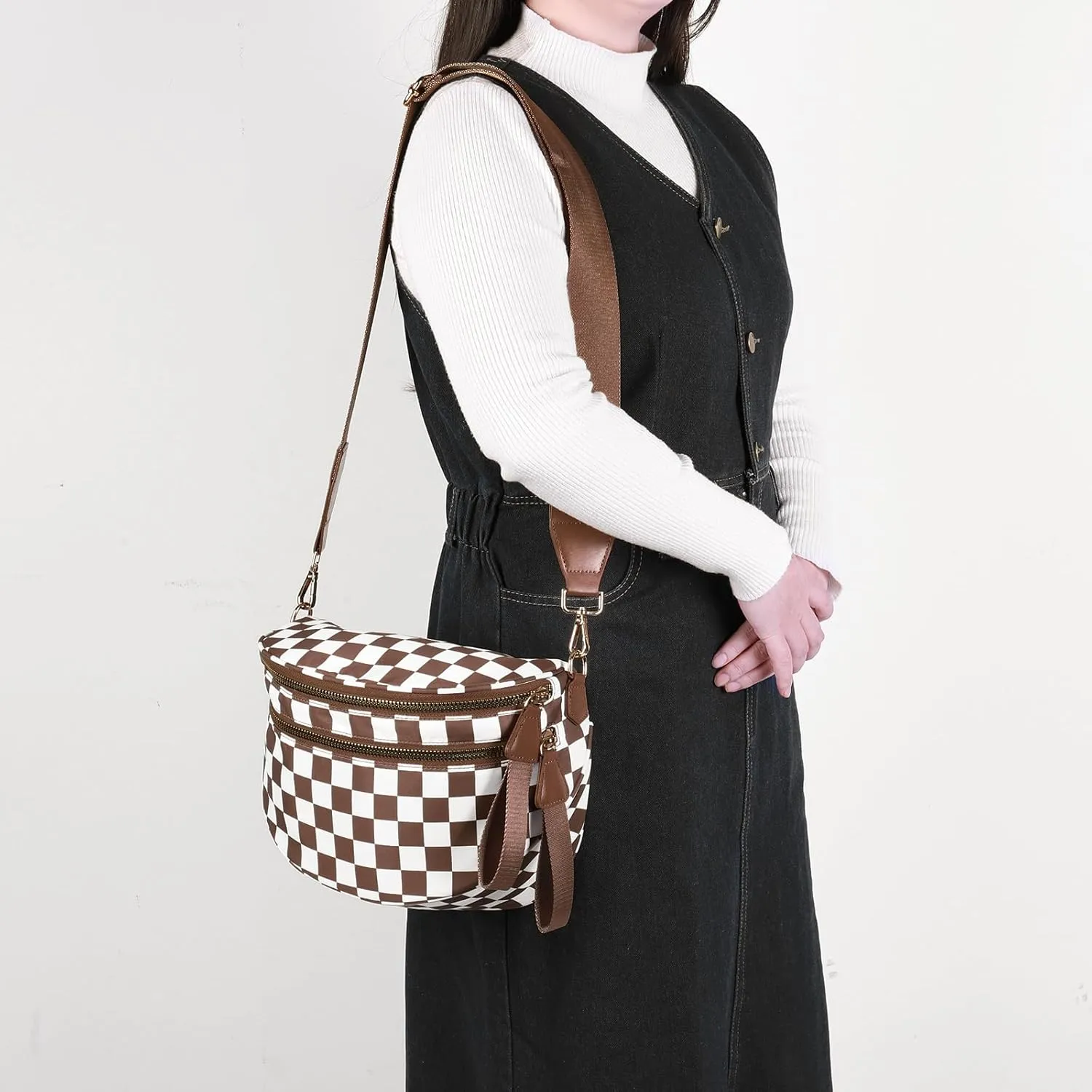Nylon Crossbody Bag for Women, Large Checkered Purse, Black Handbag for Shopping Travel