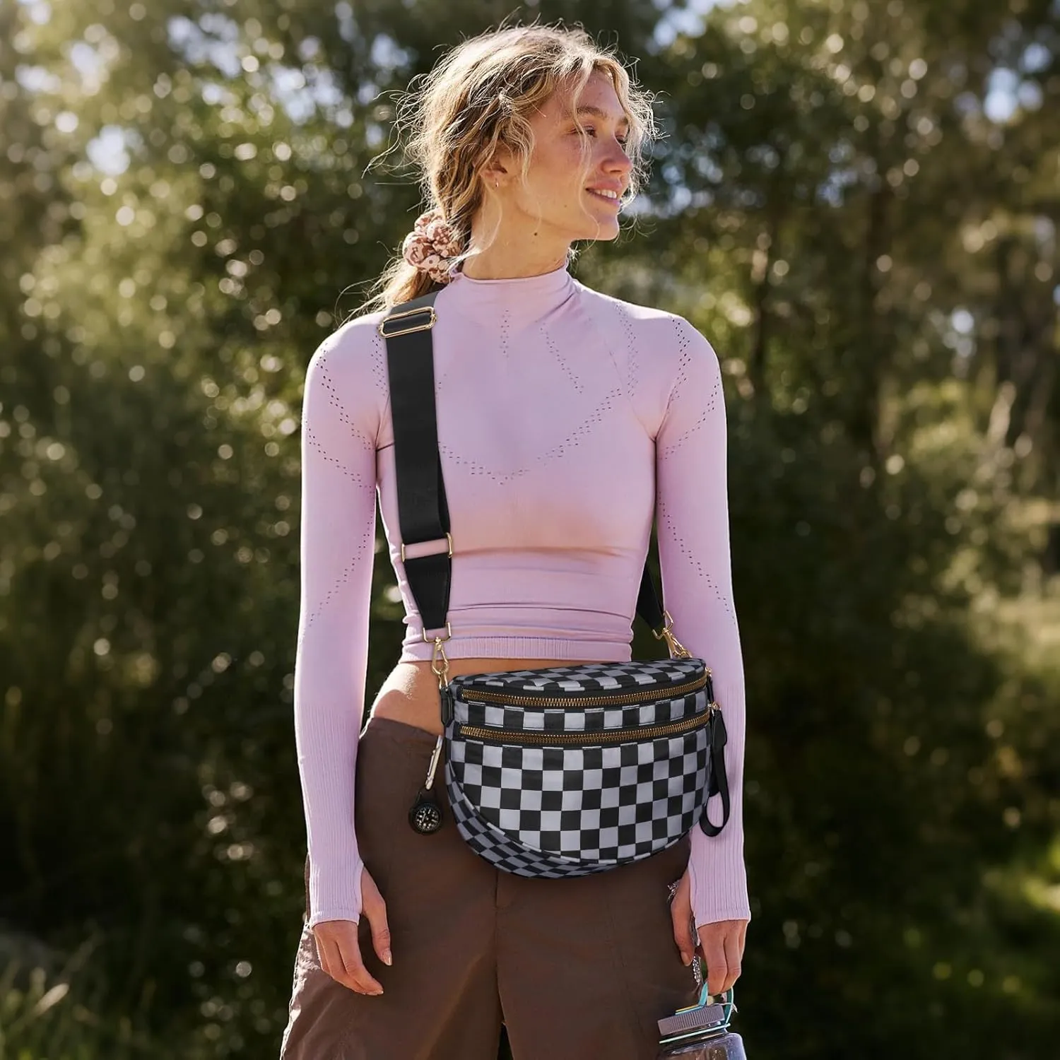 Nylon Crossbody Bag for Women,Checkered Bum Bag Checkered Black and White Handbags Wallets Oversized Slouchy Belt Bag