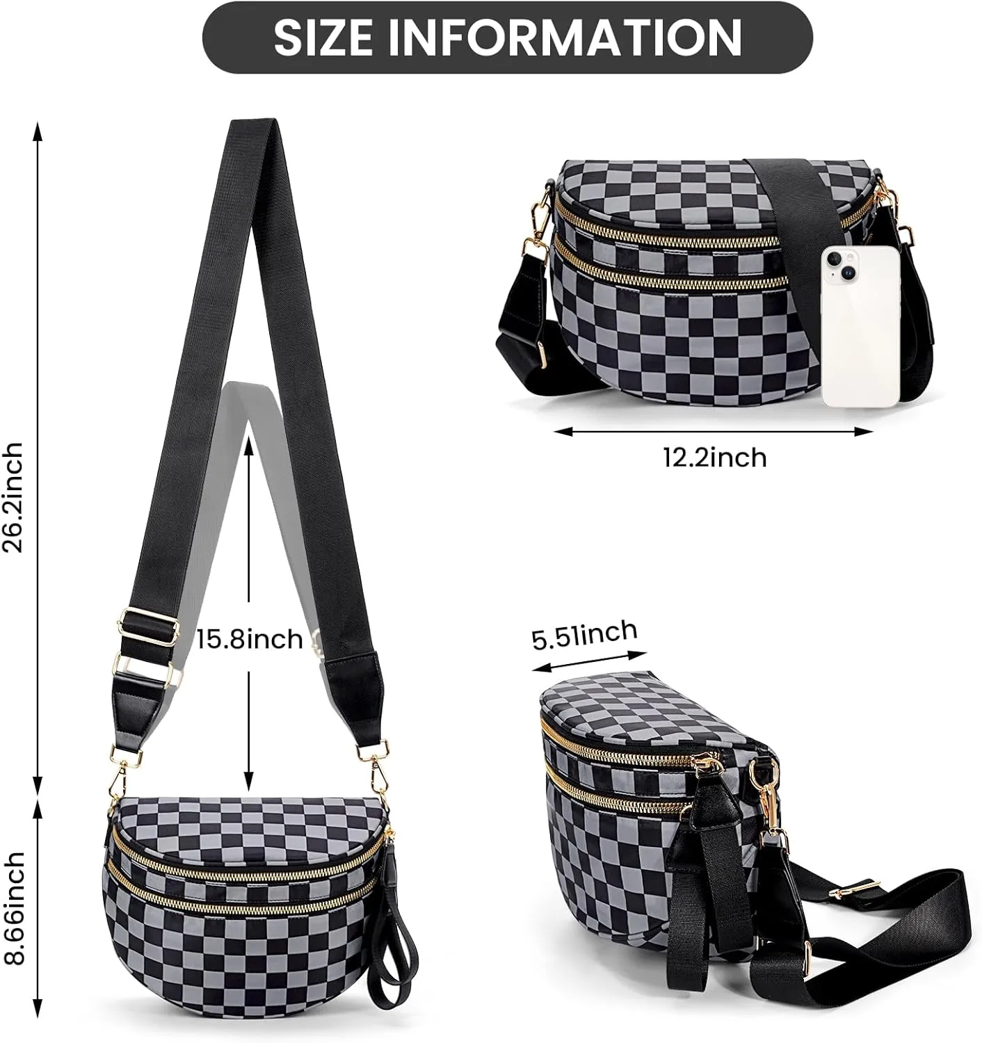 Nylon Crossbody Bag for Women,Checkered Bum Bag Checkered Black and White Handbags Wallets Oversized Slouchy Belt Bag