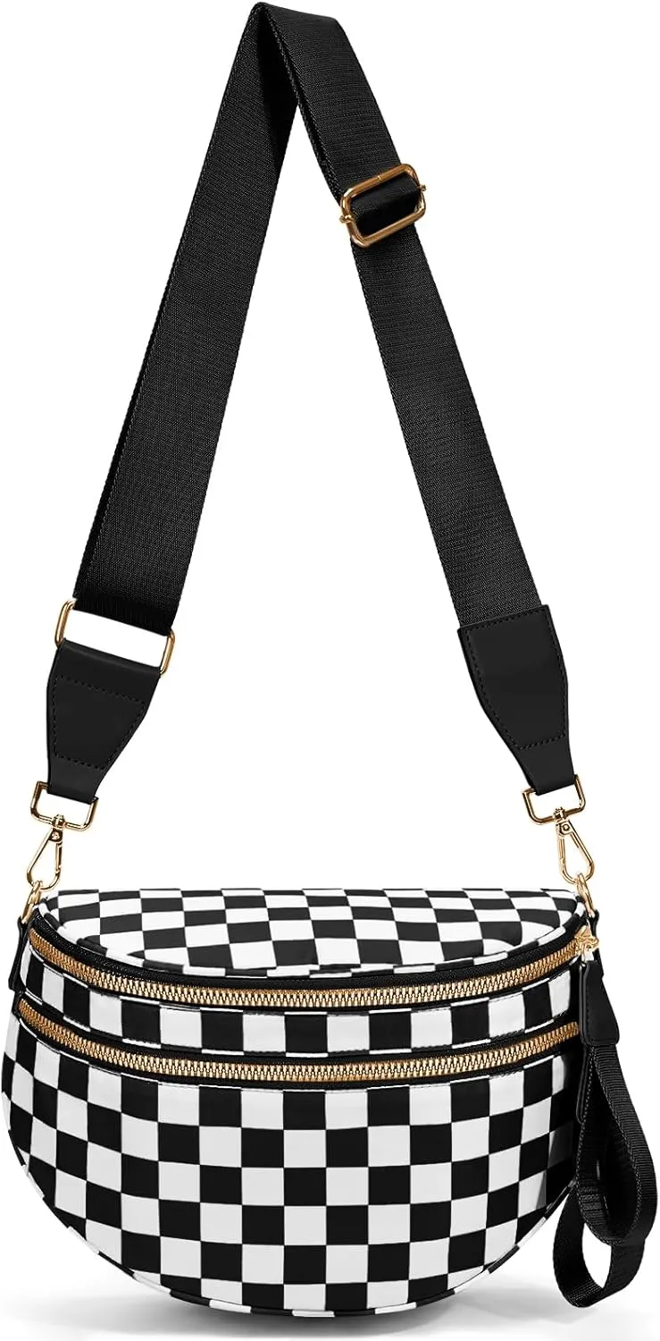 Nylon Crossbody Bag for Women,Checkered Bum Bag Checkered Black and White Handbags Wallets Oversized Slouchy Belt Bag