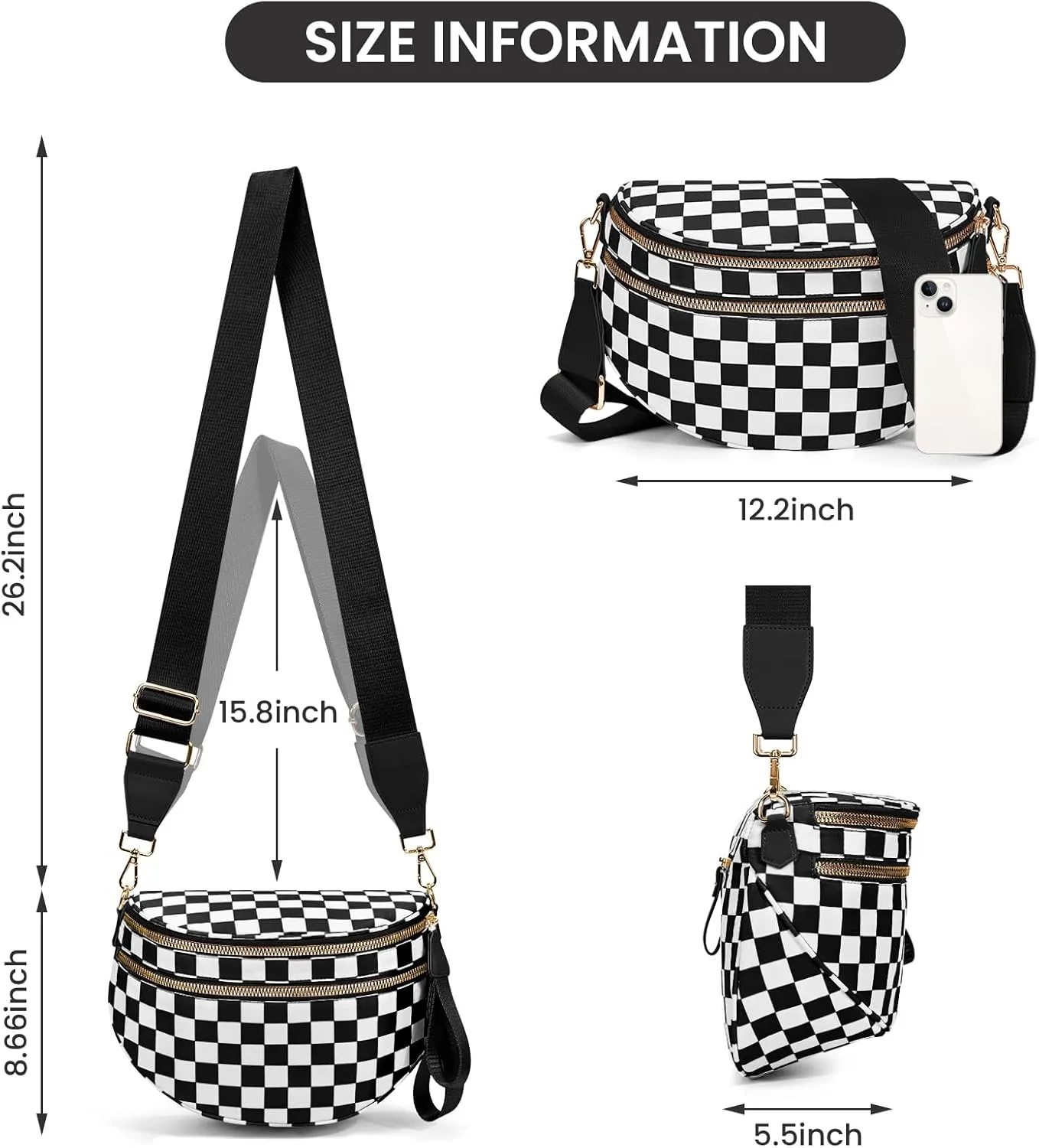 Nylon Crossbody Bag for Women,Checkered Bum Bag Checkered Black and White Handbags Wallets Oversized Slouchy Belt Bag