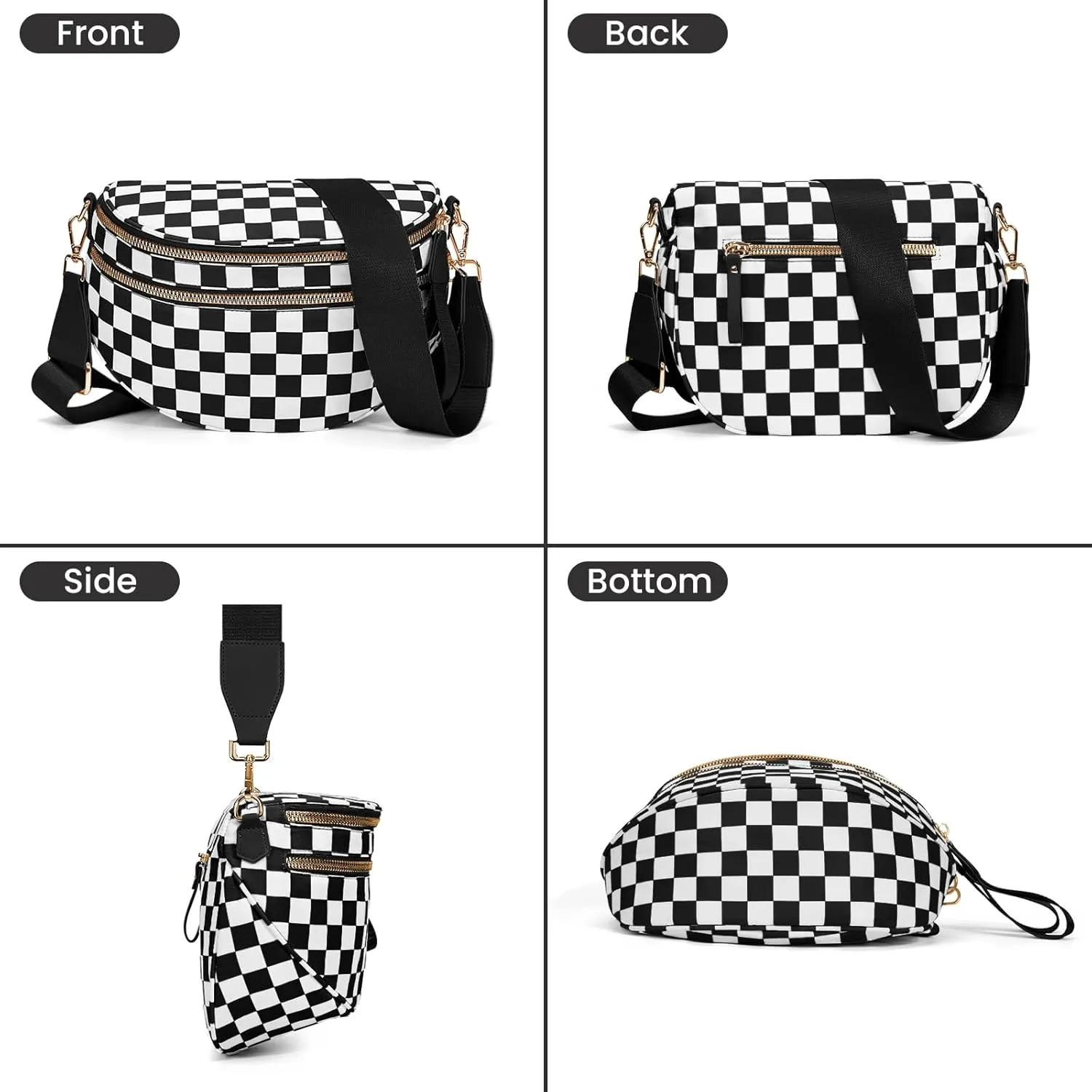 Nylon Crossbody Bag for Women,Checkered Bum Bag Checkered Black and White Handbags Wallets Oversized Slouchy Belt Bag