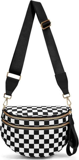Nylon Crossbody Bag for Women,Checkered Bum Bag Checkered Black and White Handbags Wallets Oversized Slouchy Belt Bag