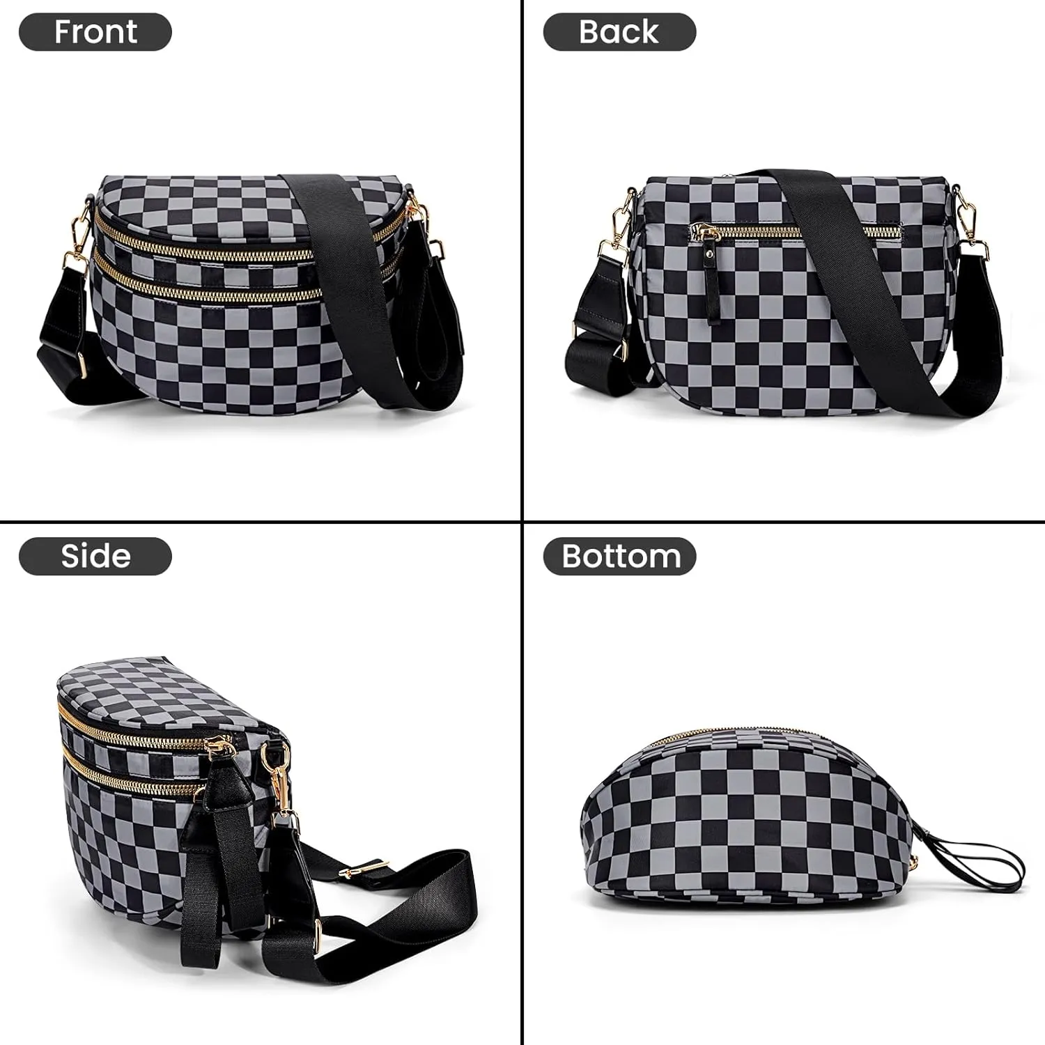 Nylon Crossbody Bag for Women,Checkered Bum Bag Checkered Black and White Handbags Wallets Oversized Slouchy Belt Bag